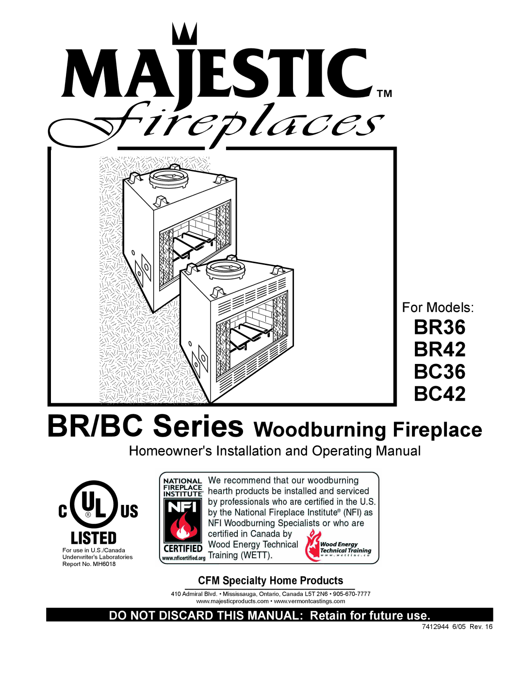 Vermont Casting manual BR36 BR42 BC36 BC42 BR/BC Series Woodburning Fireplace 