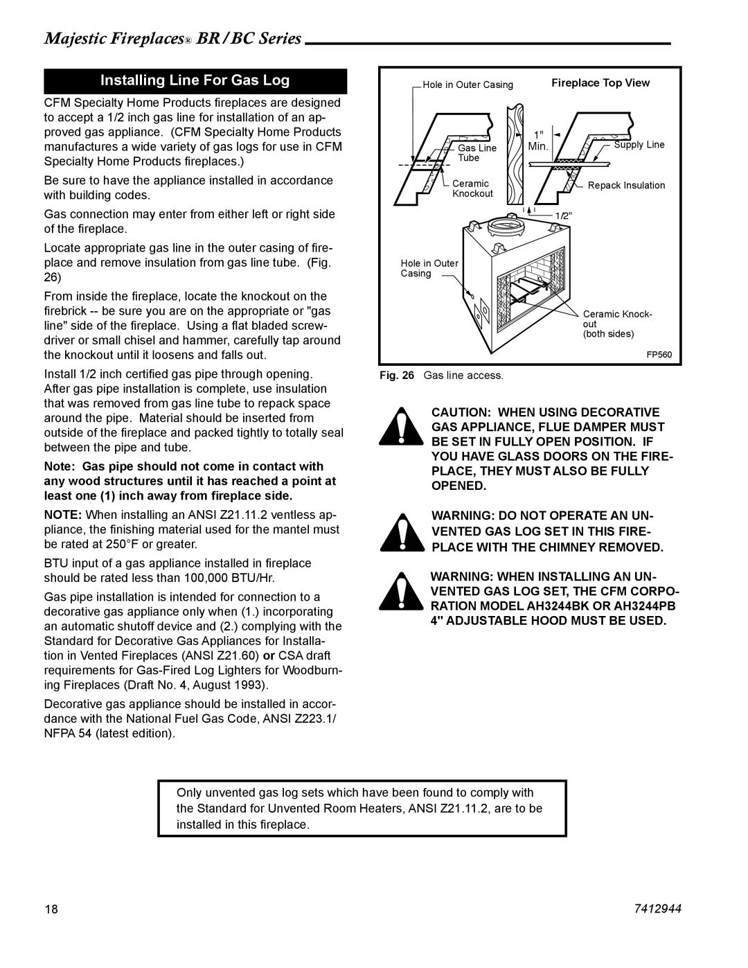 Vermont Casting BC36, BR42, BC42, BR36 manual Installing Line For Gas Log, Fireplace Top View 