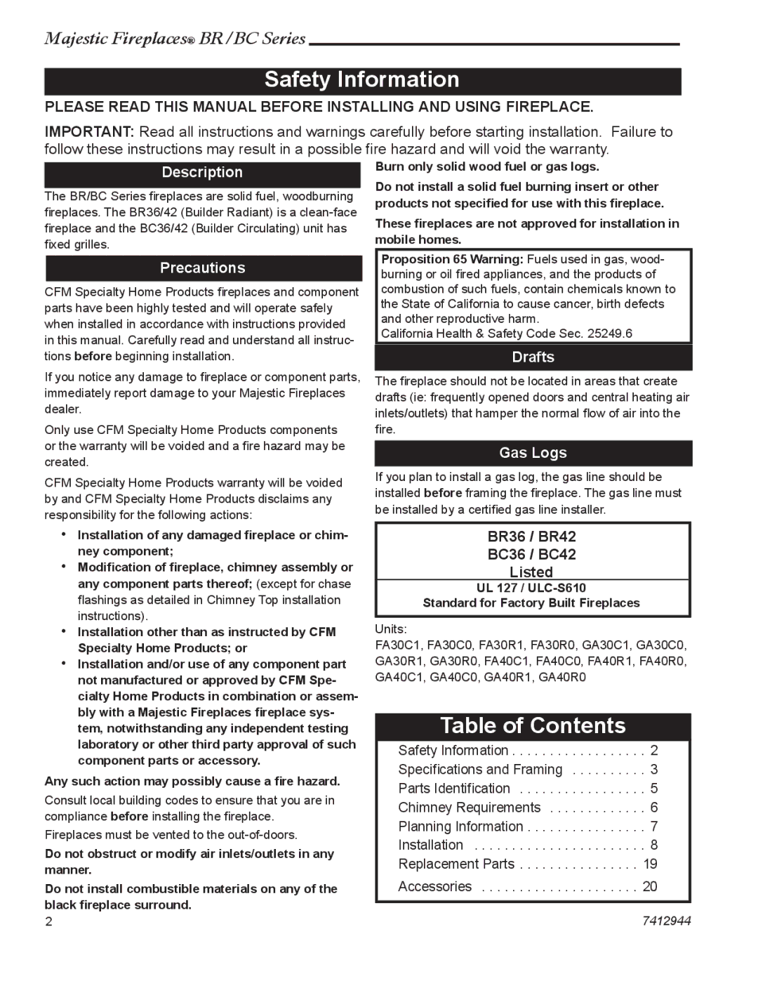 Vermont Casting BC36, BR42, BC42, BR36 manual Safety Information, Table of Contents 