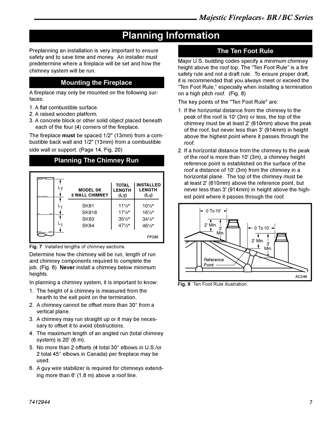 Vermont Casting BR36, BR42, BC42, BC36 Planning Information, Mounting the Fireplace, Planning The Chimney Run, Ten Foot Rule 