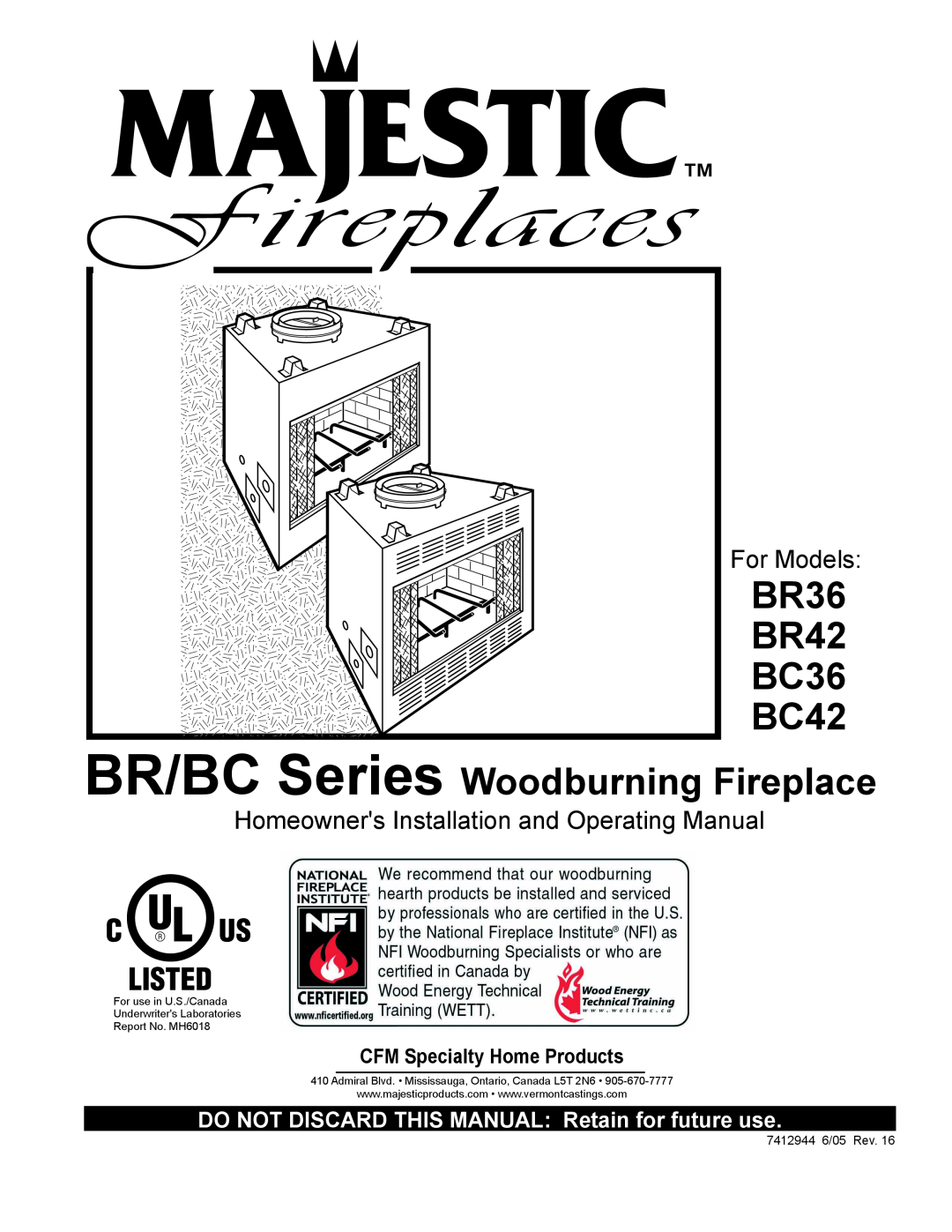 Vermont Casting manual BR36 BR42 BC36 BC42, BR/BC Series Woodburning Fireplace, CFM Specialty Home Products, For Models 