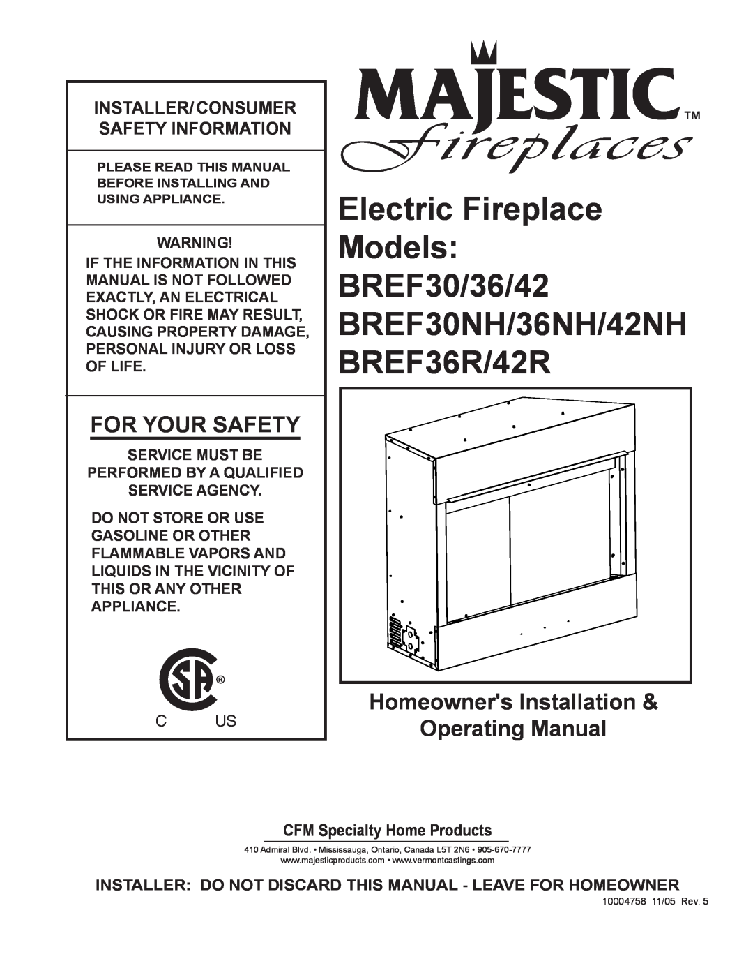 Vermont Casting BREF36R/42R, BREF30, BREF36, BREF42 manual For Your Safety, Homeowners Installation & Operating Manual 
