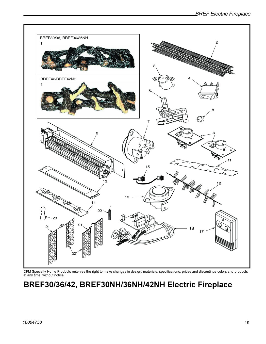 Vermont Casting BREF36R/42R manual BREF Electric Fireplace, 10004758, BREF30/36, BREF30/36NH 3 BREF42/BREF42NH 