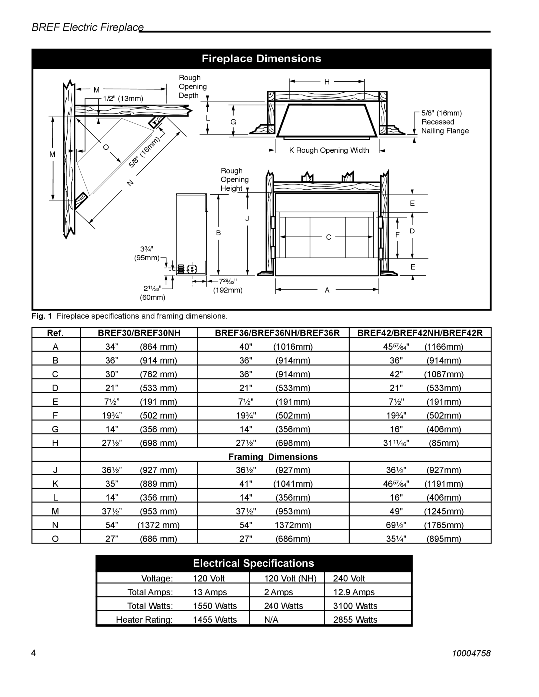 Vermont Casting BREF36R/42R manual Fireplace Dimensions, Electrical Speciﬁcations, BREF Electric Fireplace, BREF30/BREF30NH 