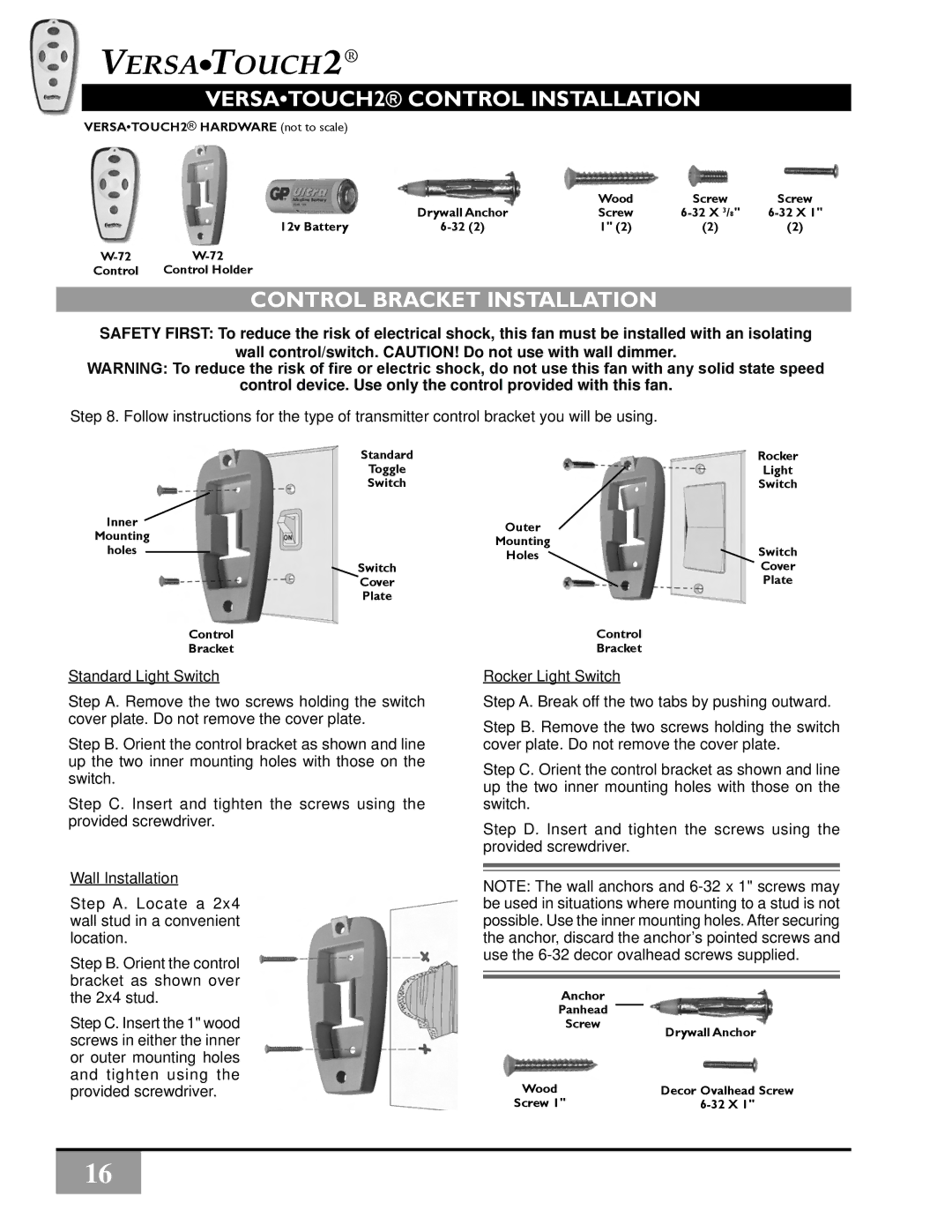 Vermont Casting C34G624M owner manual VERSATOUCH2 Control Installation, Control Bracket Installation 