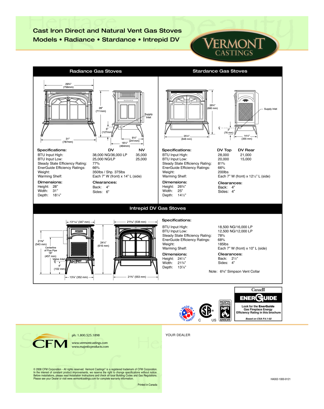 Vermont Casting manual Cast Iron Direct and Natural Vent Gas Stoves, Models Radiance Stardance Intrepid DV 