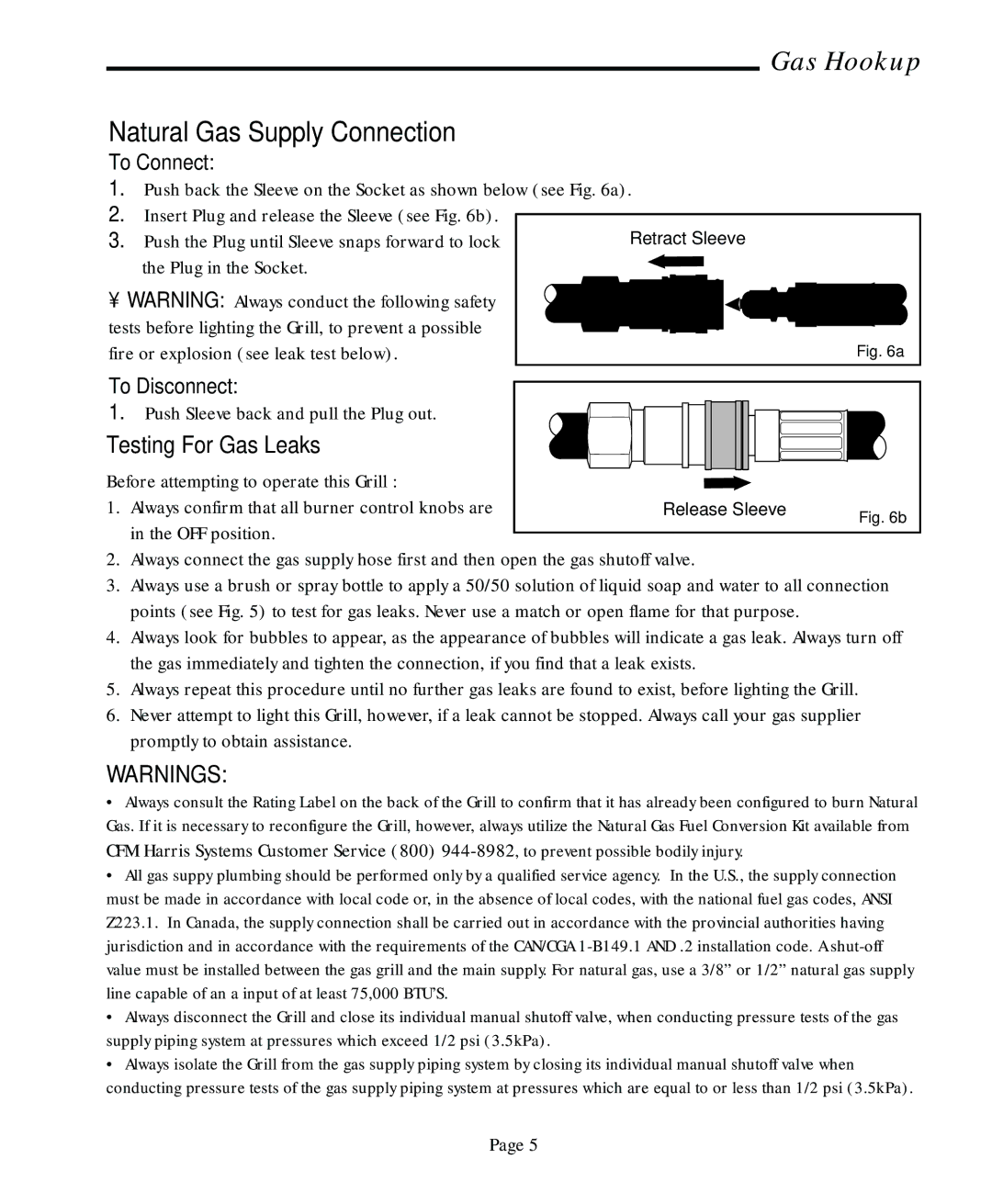 Vermont Casting CF9050 CF9080 user manual Natural Gas Supply Connection, Testing For Gas Leaks, To Connect, To Disconnect 