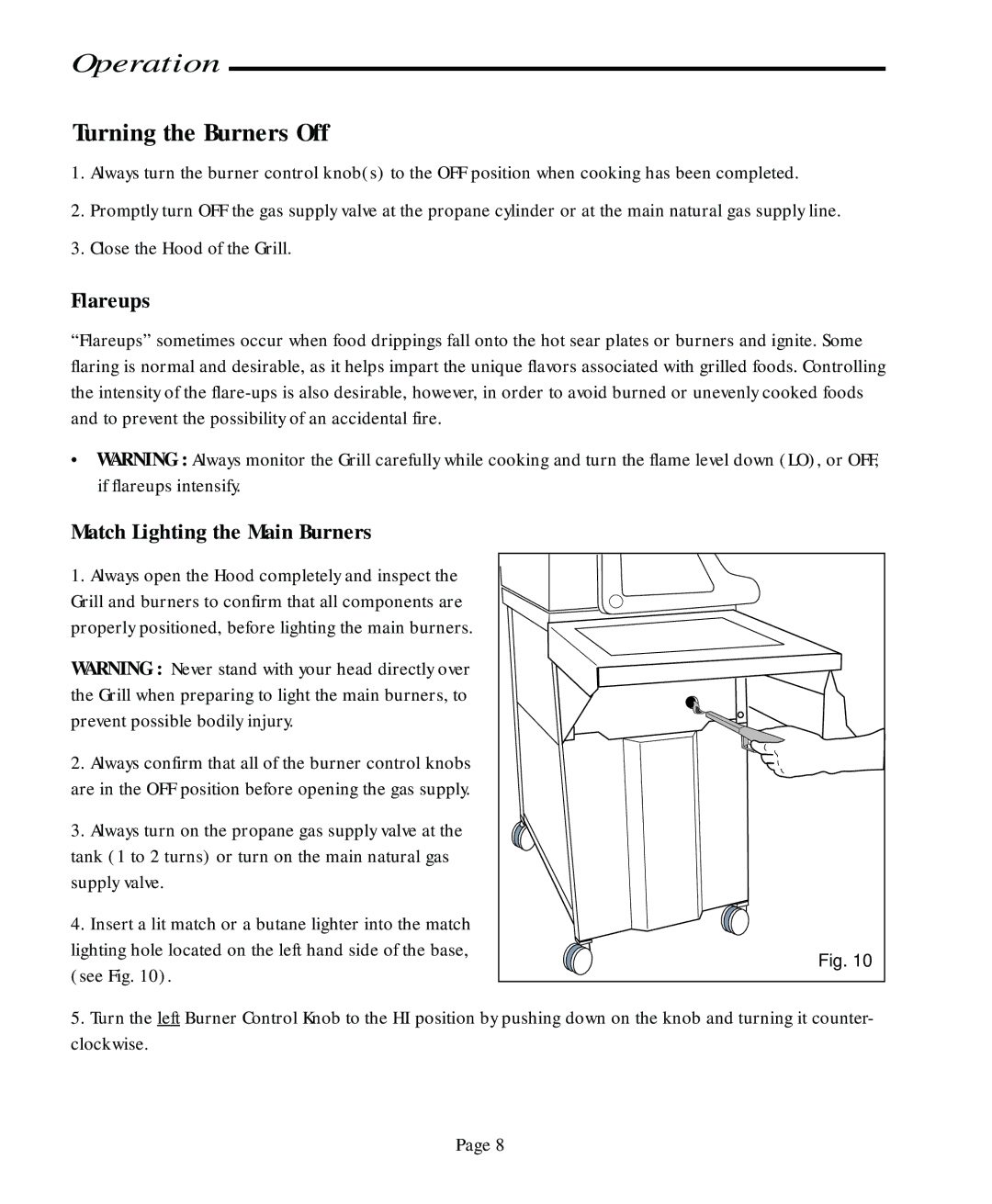 Vermont Casting CF9050 CF9080 user manual Turning the Burners Off, Flareups, Match Lighting the Main Burners 