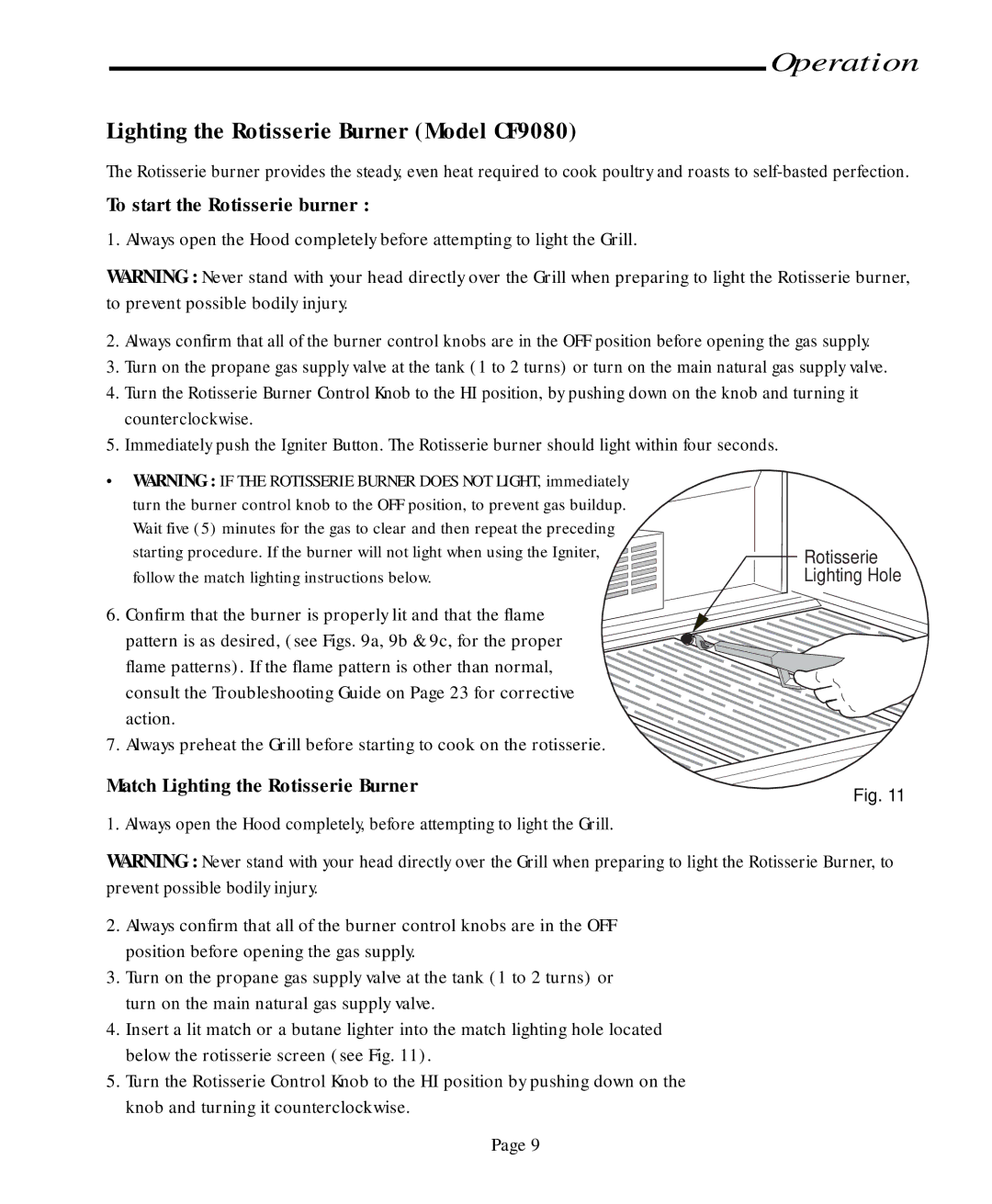 Vermont Casting CF9050 CF9080 user manual Lighting the Rotisserie Burner Model CF9080, To start the Rotisserie burner 