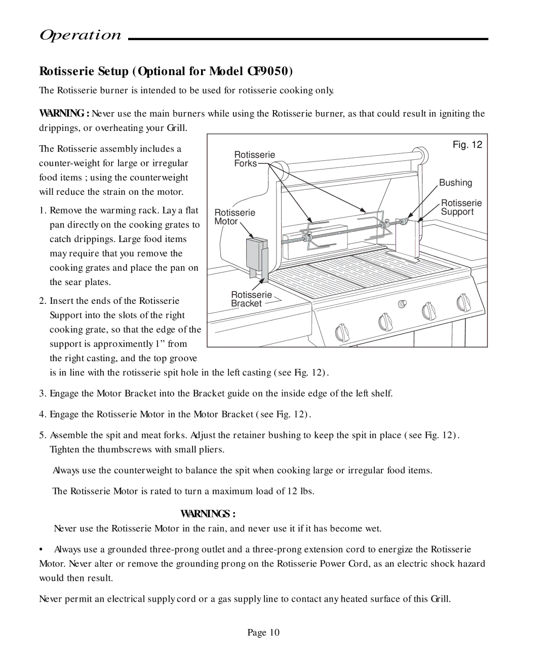 Vermont Casting CF9050 CF9080 user manual Rotisserie Setup Optional for Model CF9050 