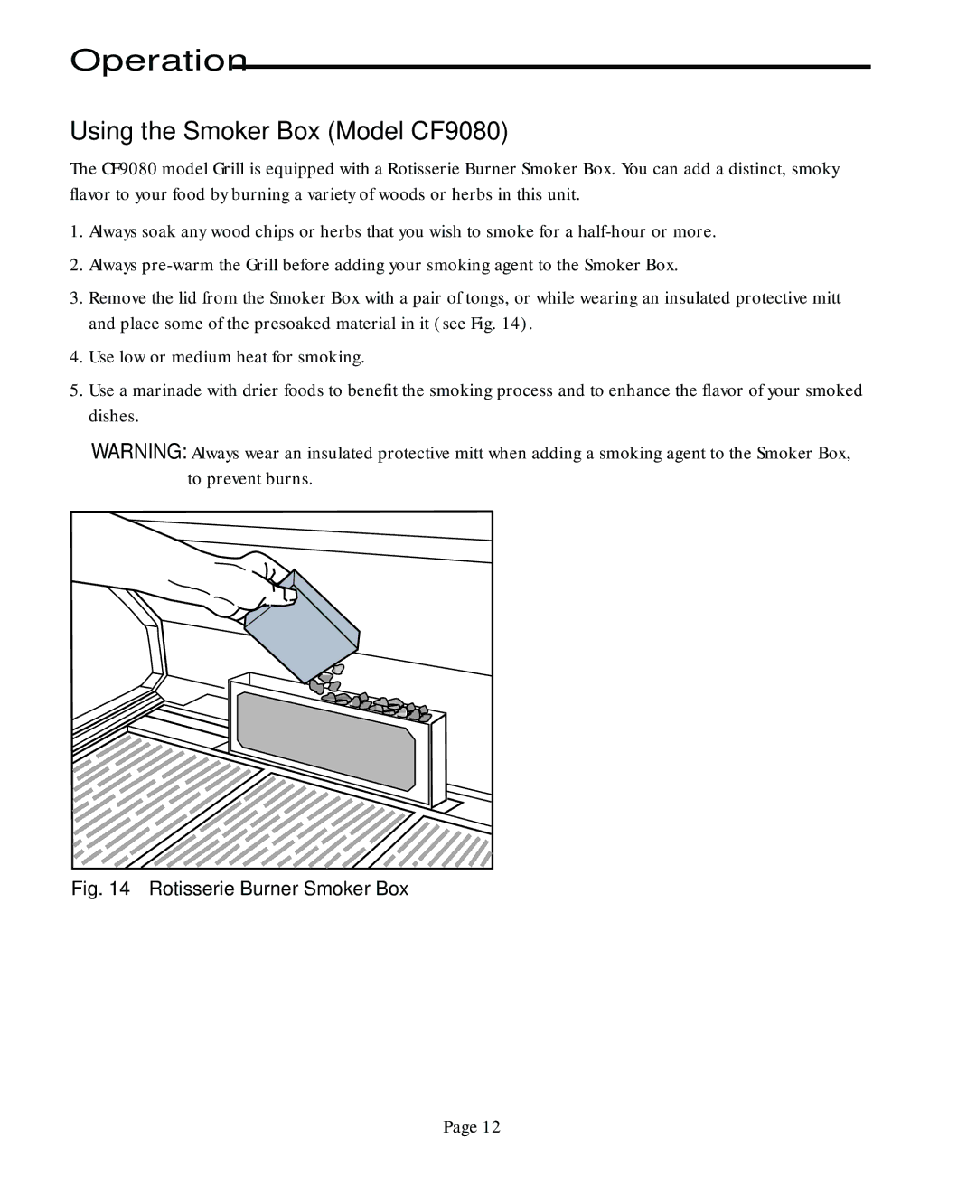 Vermont Casting CF9050 CF9080 user manual Using the Smoker Box Model CF9080, Rotisserie Burner Smoker Box 