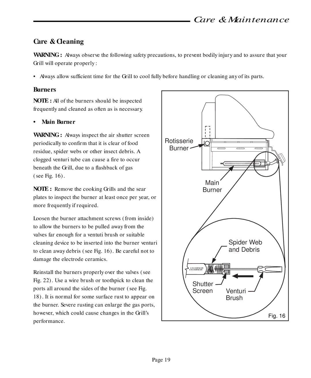 Vermont Casting CF9050 CF9080 user manual Care & Maintenance, Care & Cleaning, Burners, Main Burner, See Fig 