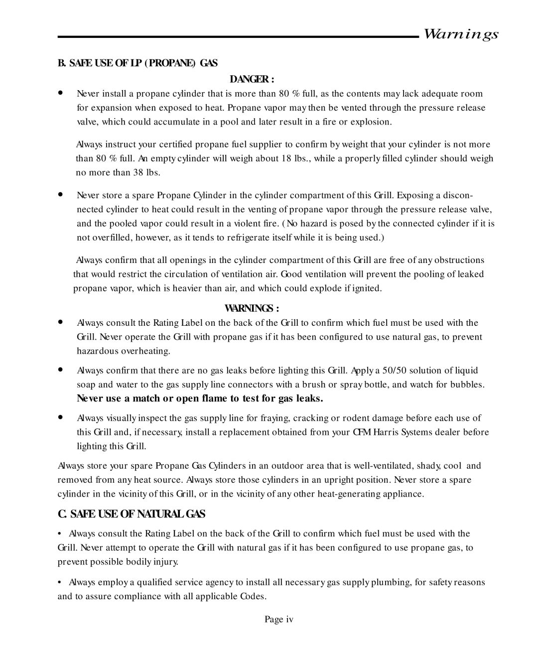 Vermont Casting CF9050 CF9080 user manual Safe USE of LP Propane GAS, Never use a match or open flame to test for gas leaks 