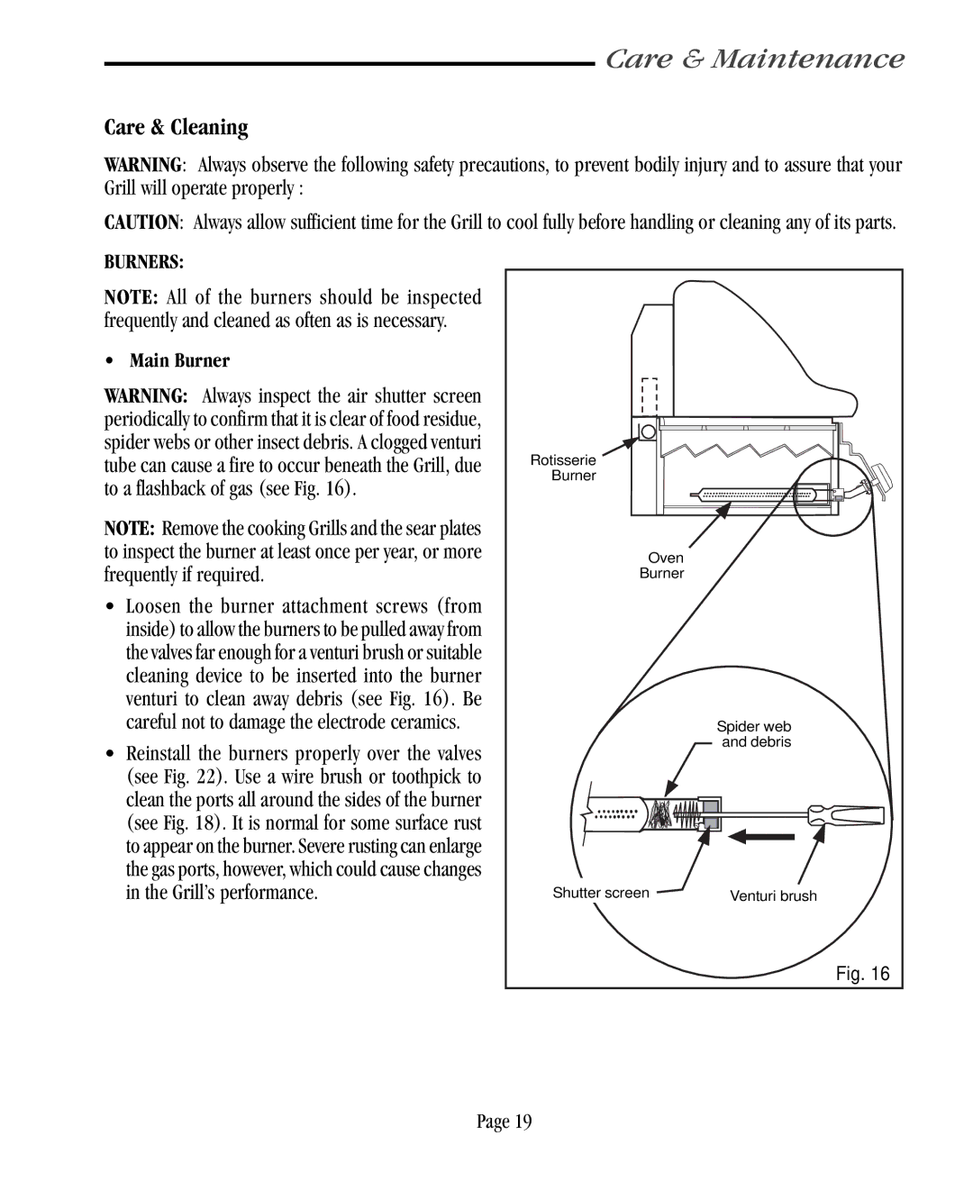 Vermont Casting CF9085, CF9086, CF9055, CF9056 user manual Care & Maintenance, Care & Cleaning, Burners, Main Burner 