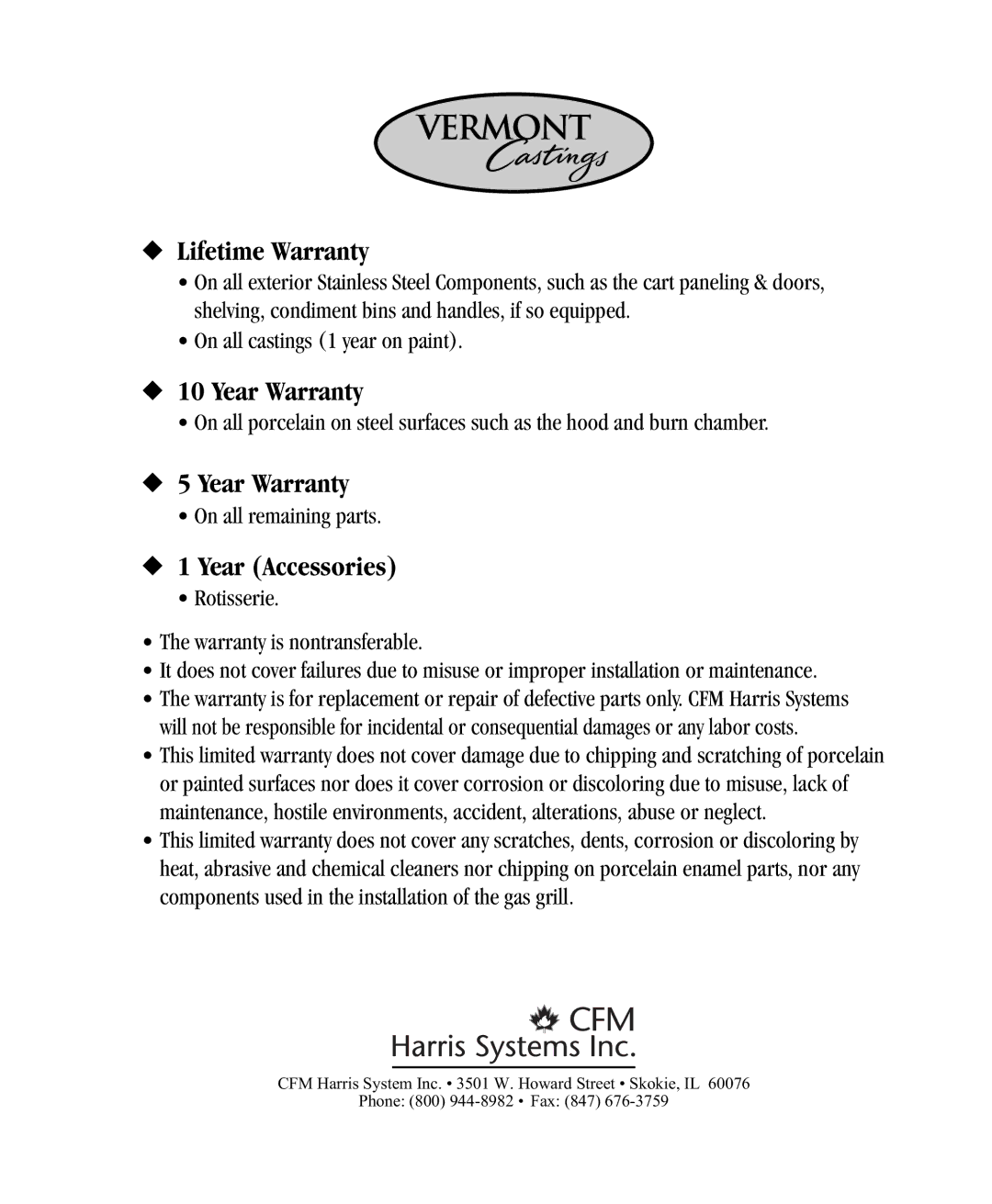 Vermont Casting CF9056, CF9086, CF9085, CF9055 user manual Year Warranty 