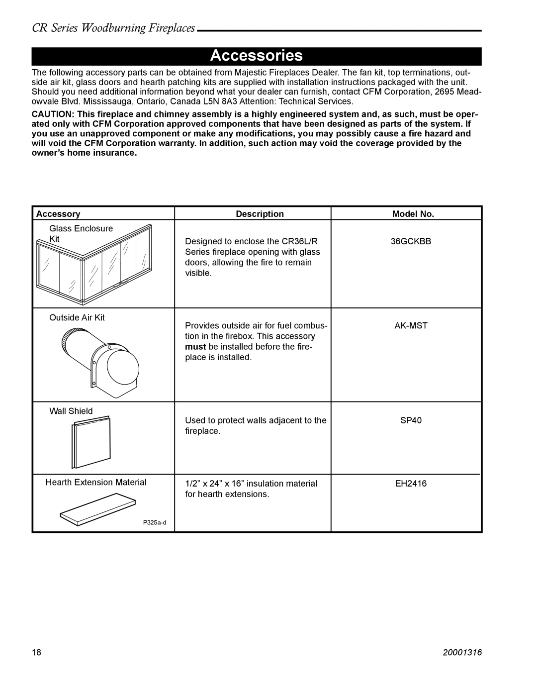 Vermont Casting CR36R, CR36L manual Accessories, Accessory Description Model No, 36GCKBB, Ak-Mst 