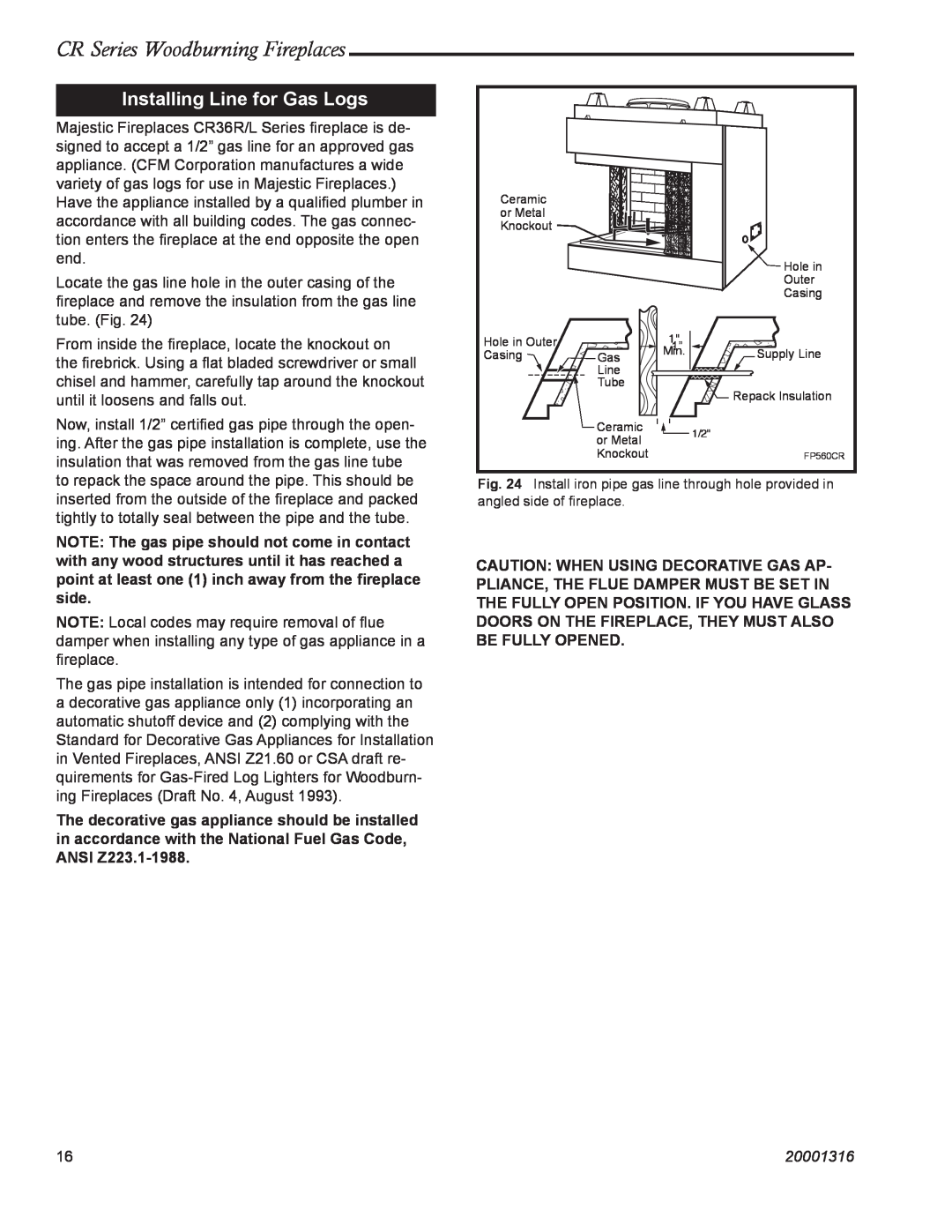 Vermont Casting CR36R, CR36L manual Installing Line for Gas Logs, CR Series Woodburning Fireplaces, 20001316 