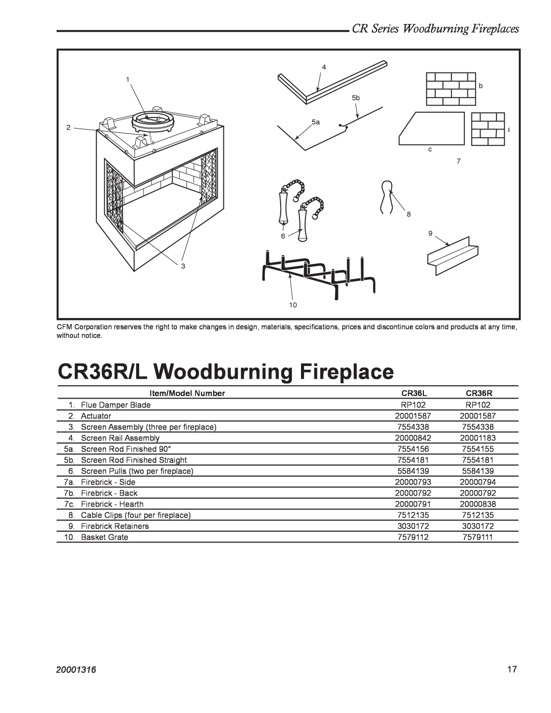 Vermont Casting CR36L manual CR36R/L Woodburning Fireplace, CR Series Woodburning Fireplaces, 20001316, Item/Model Number 
