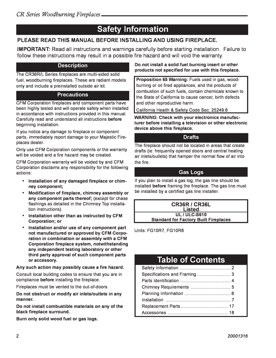 Vermont Casting CR36R Safety Information, Table of Contents, CR Series Woodburning Fireplaces, Description, Precautions 