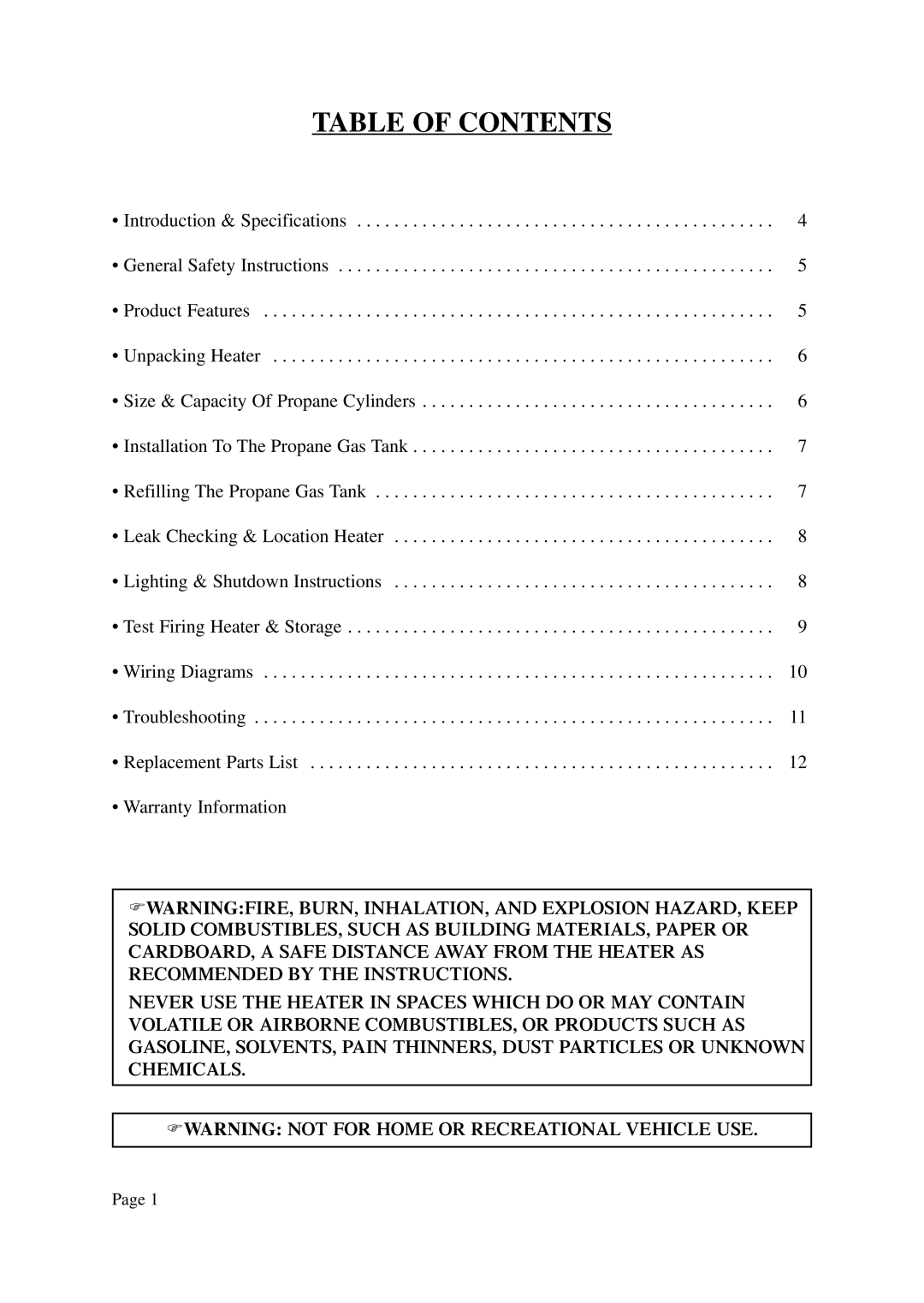 Vermont Casting CSA 2.14-2000, ANSI Z83.7-2000 instruction manual Table of Contents 