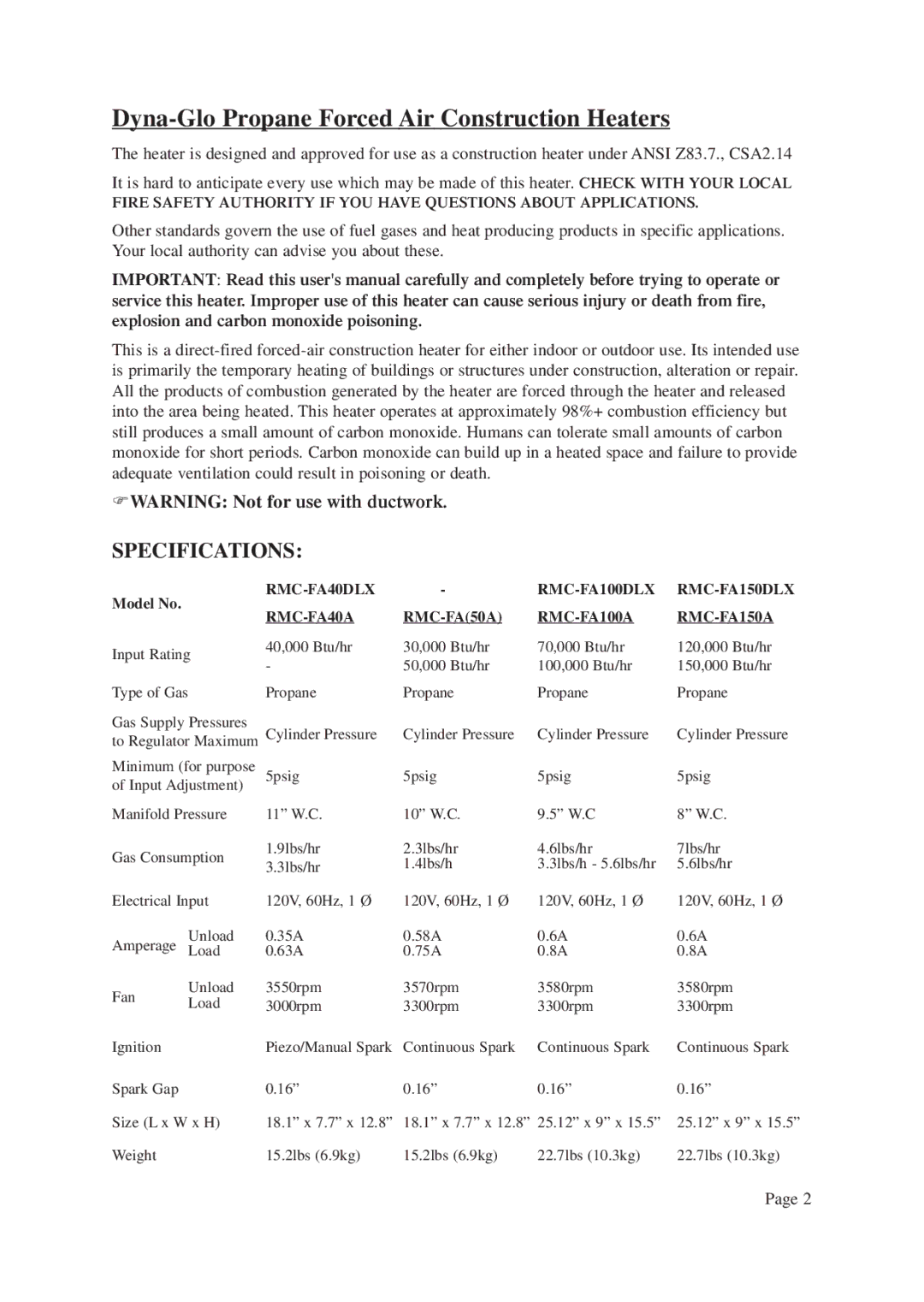 Vermont Casting ANSI Z83.7-2000, CSA 2.14-2000 instruction manual Dyna-Glo Propane Forced Air Construction Heaters 