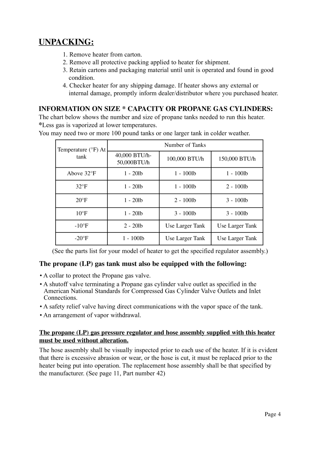 Vermont Casting ANSI Z83.7-2000, CSA 2.14-2000 instruction manual Unpacking 