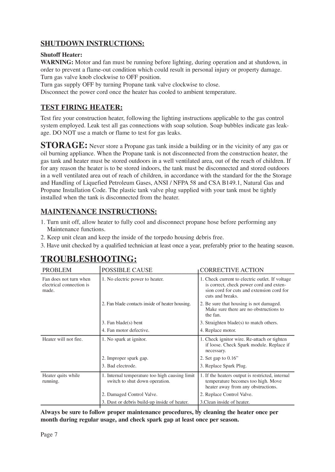 Vermont Casting CSA 2.14-2000, ANSI Z83.7-2000 instruction manual Troubleshooting, Shutdown Instructions 