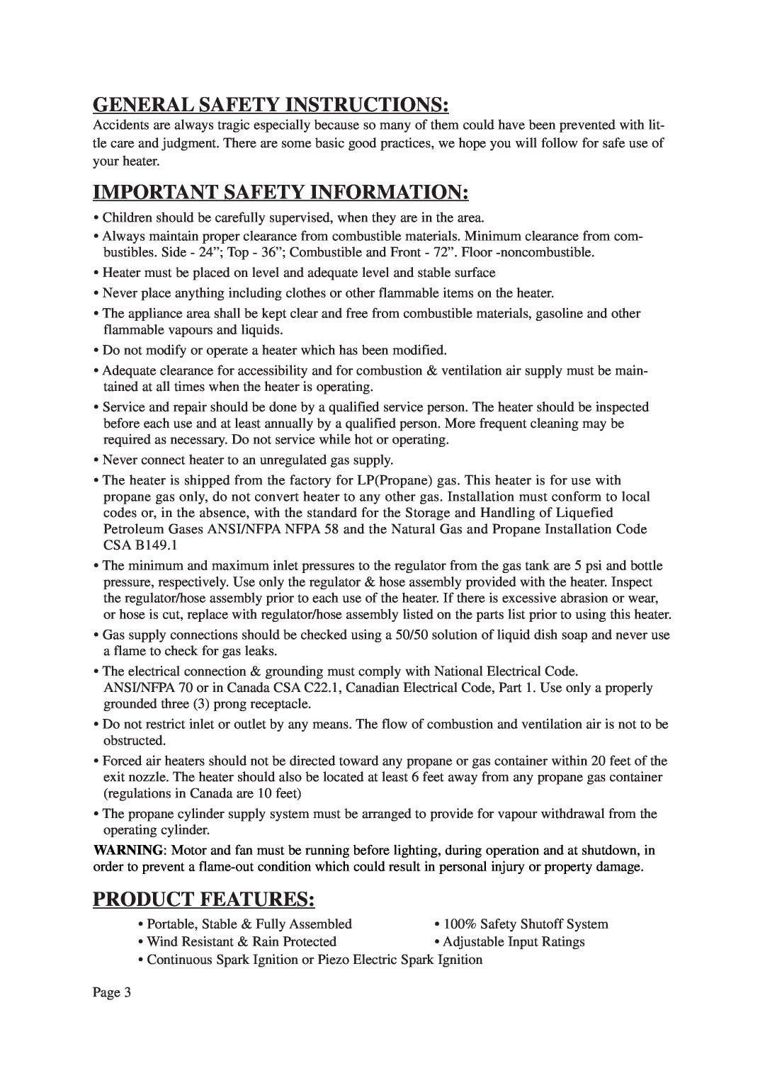 Vermont Casting CSA 2.14-2000, ANSI Z83.7-2000 General Safety Instructions, Important Safety Information, Product Features 