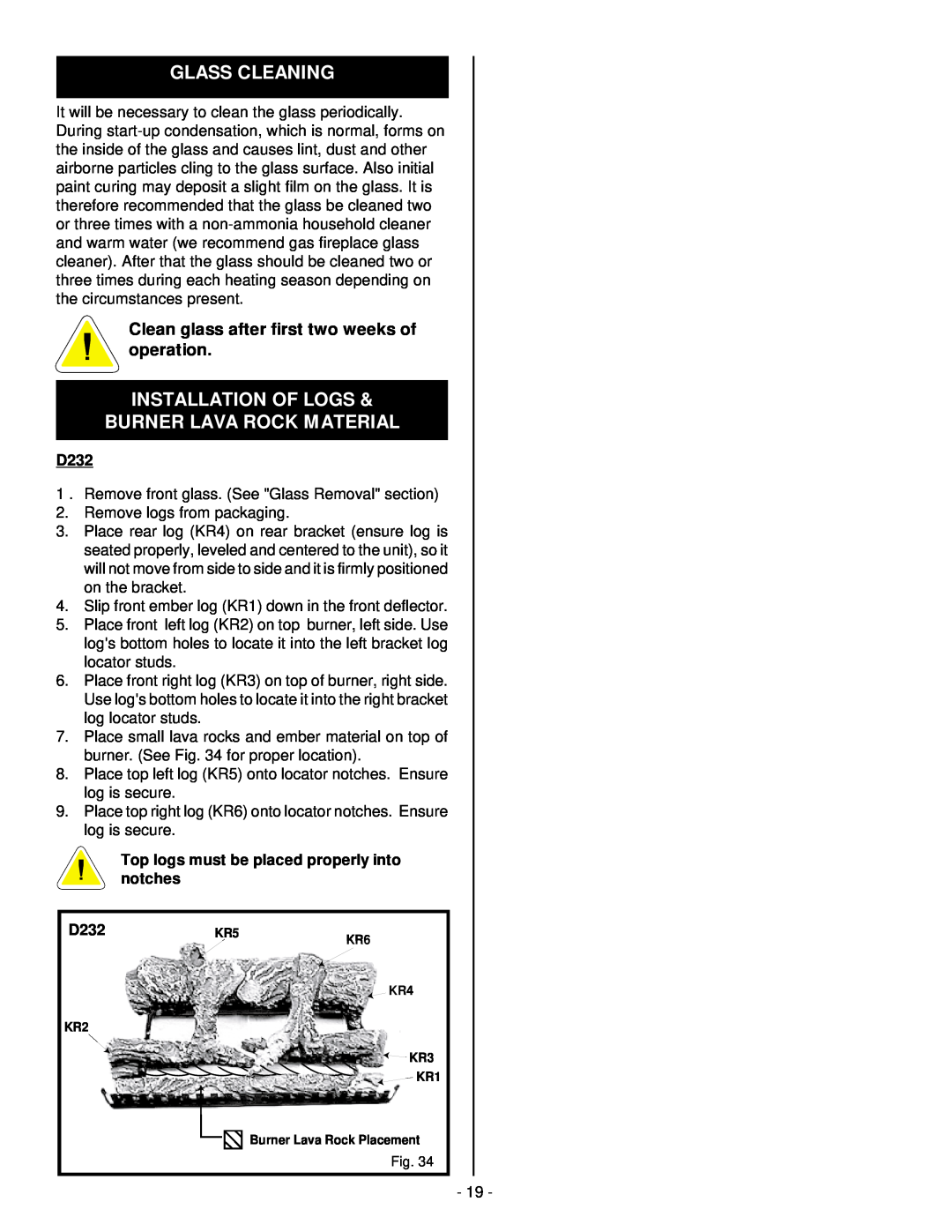 Vermont Casting D232 installation instructions Glass Cleaning, Installation Of Logs & Burner Lava Rock Material 
