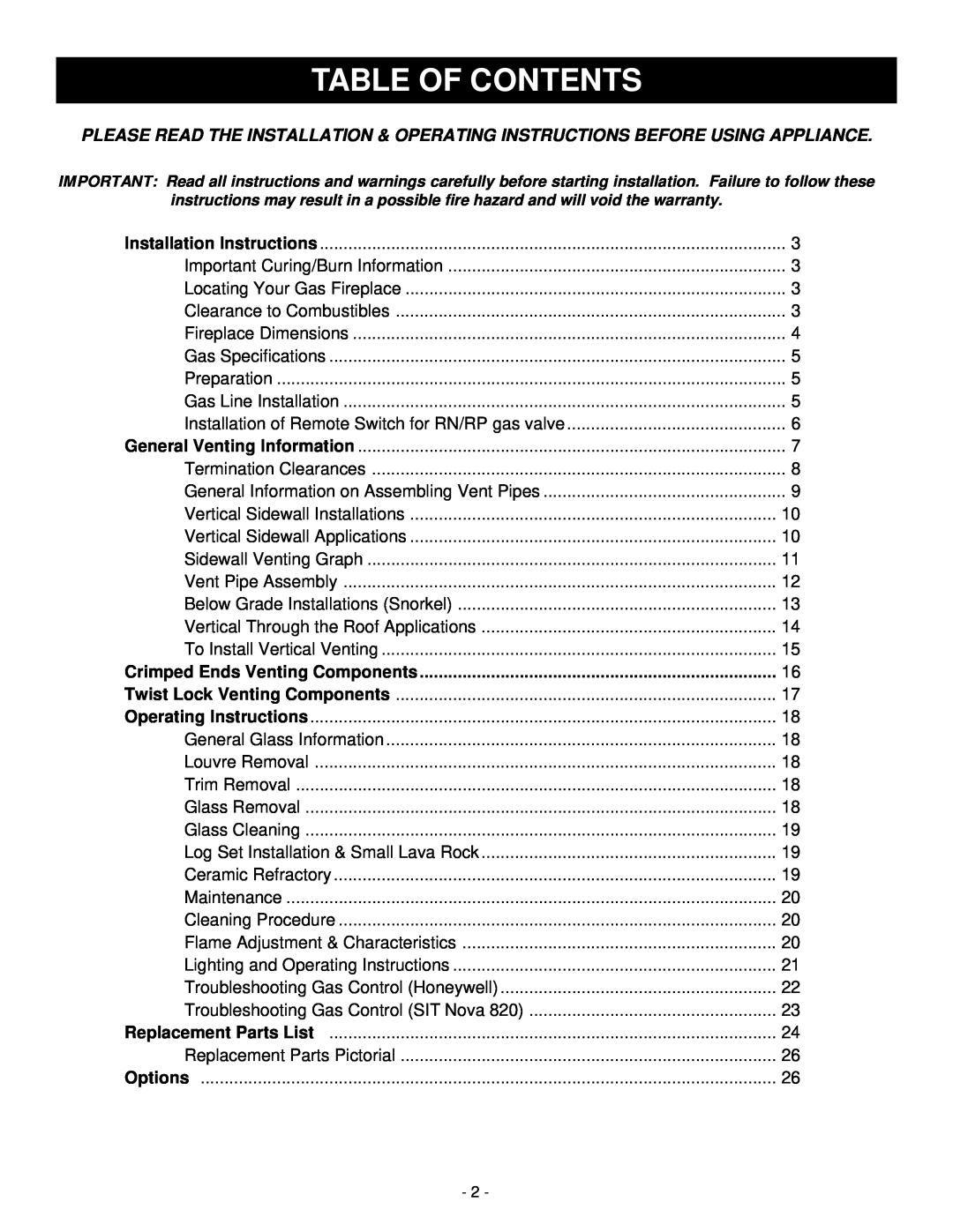Vermont Casting D232 installation instructions Table Of Contents, Crimped Ends Venting Components 