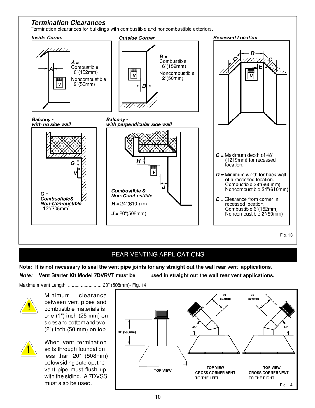 Vermont Casting DBR33, DBR39, DBR36 installation instructions Termination Clearances, Rear Venting Applications 