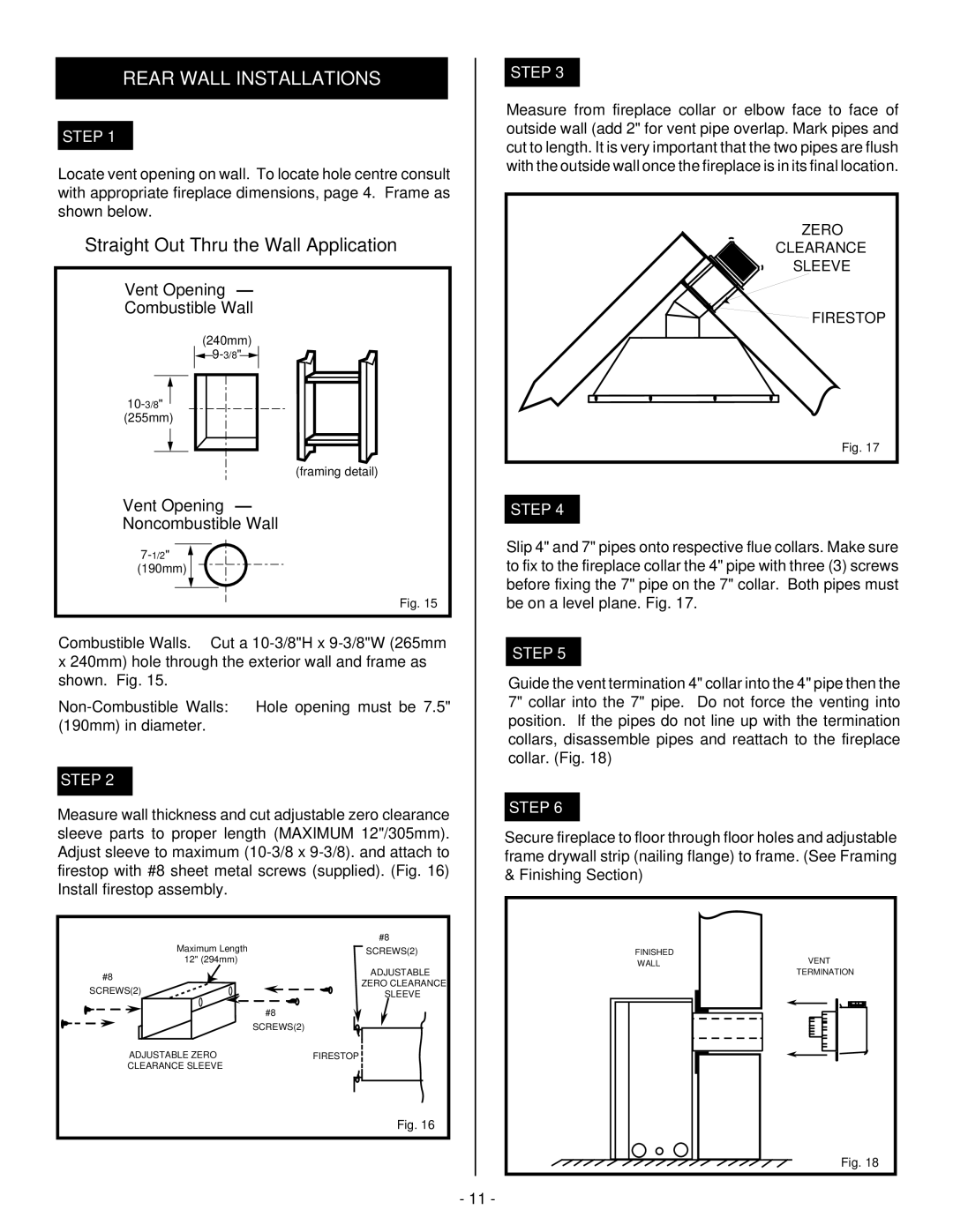 Vermont Casting DBR36, DBR39, DBR33 installation instructions Rear Wall Installations, Step 