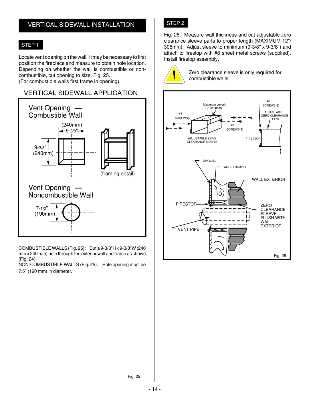 Vermont Casting DBR36, DBR39, DBR33 Vent Opening Noncombustible Wall, Vertical Sidewall Installation 