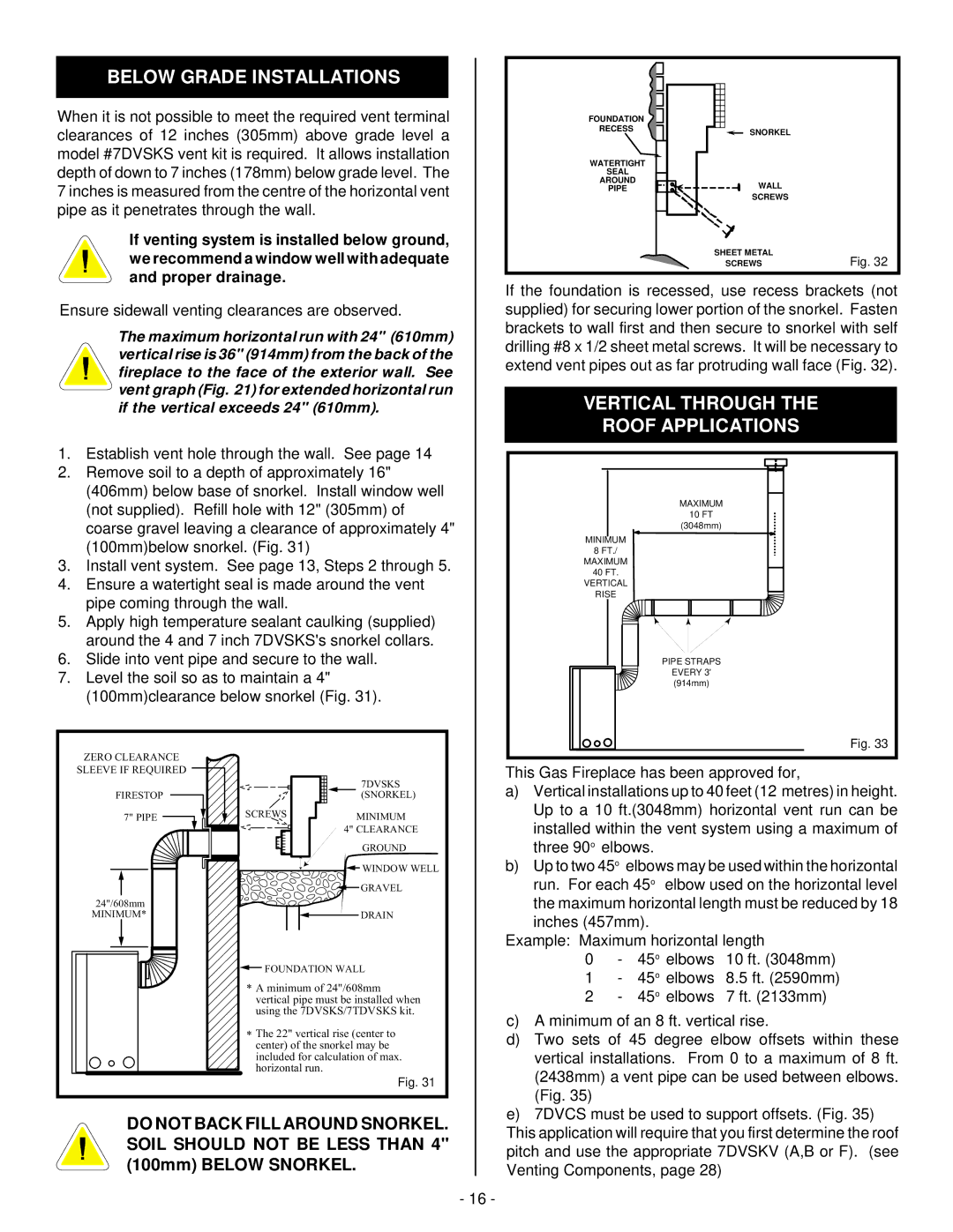 Vermont Casting DBR33, DBR39, DBR36 installation instructions Below Grade Installations, Vertical Through Roof Applications 