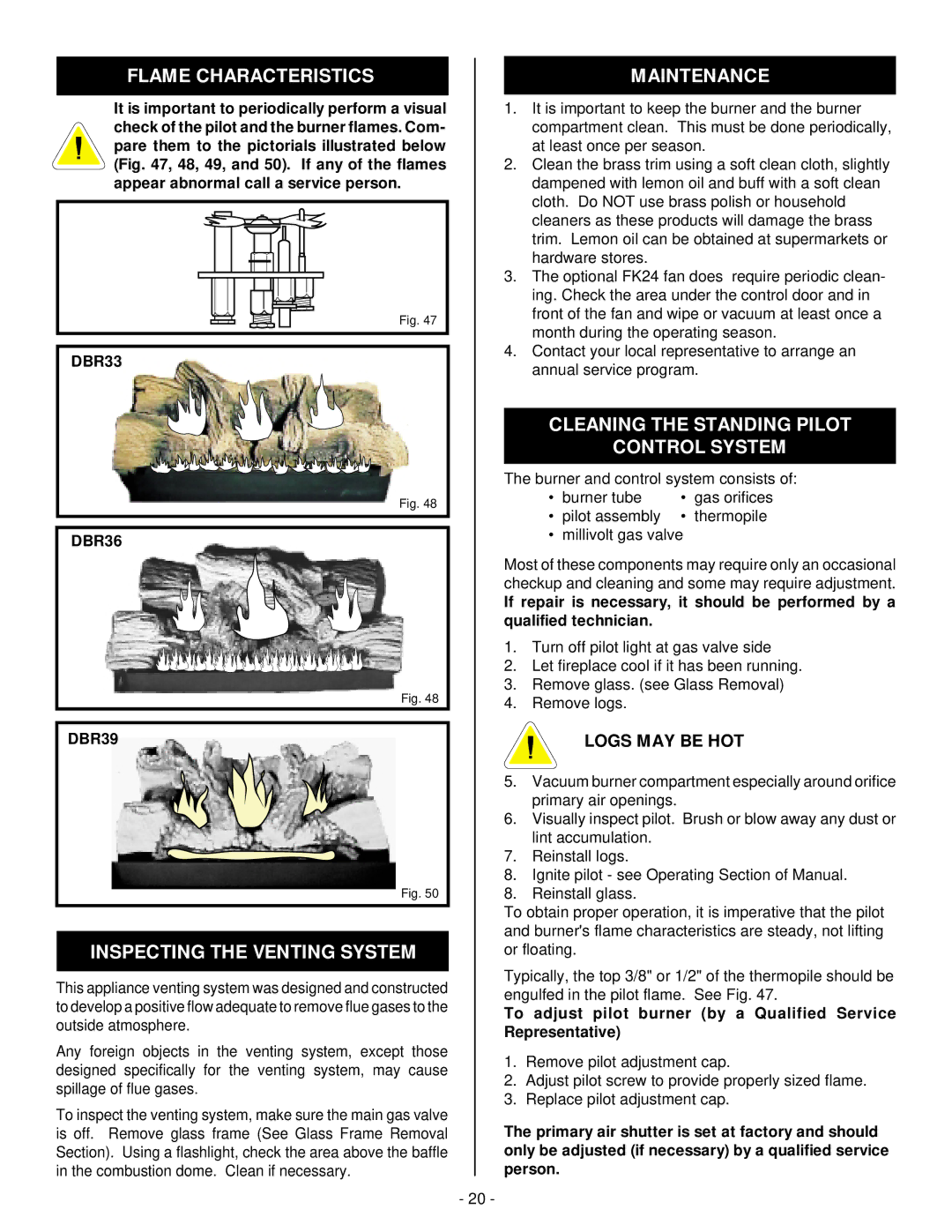 Vermont Casting DBR36, DBR39, DBR33 Flame Characteristics, Inspecting the Venting System, Maintenance 