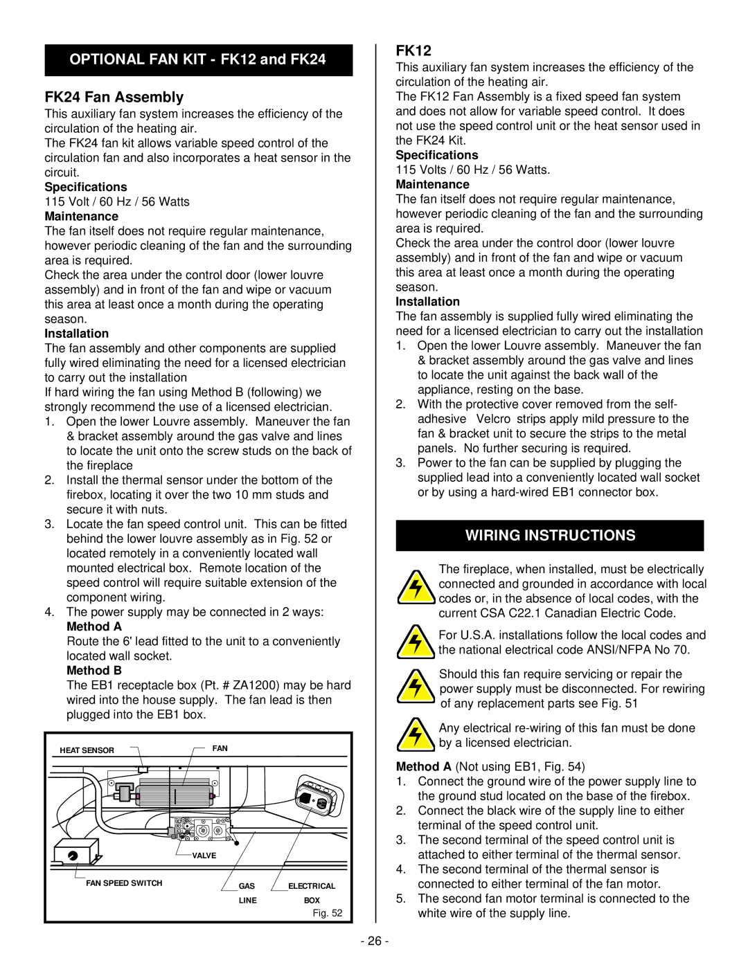 Vermont Casting DBR36, DBR39, DBR33 installation instructions Optional FAN KIT FK12 and FK24, Wiring Instructions 