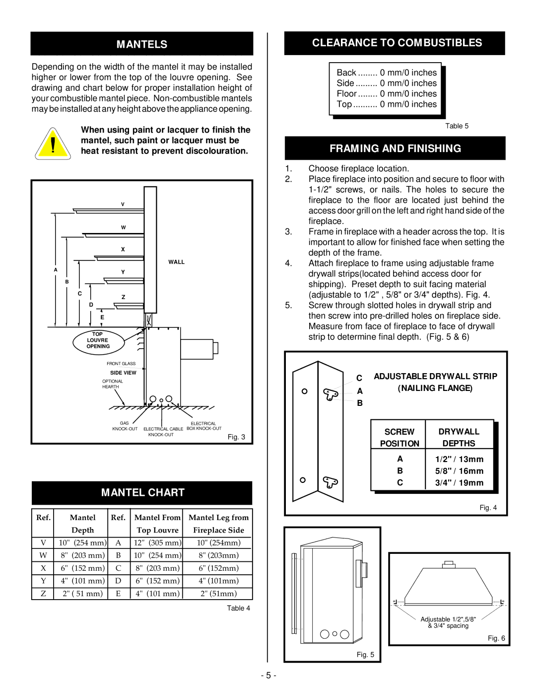 Vermont Casting DBR36, DBR39, DBR33 Mantels, Mantel Chart Clearance to Combustibles, Framing and Finishing 