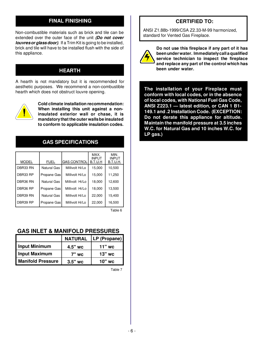 Vermont Casting DBR39, DBR33, DBR36 installation instructions Final Finishing, Hearth, GAS Specifications 