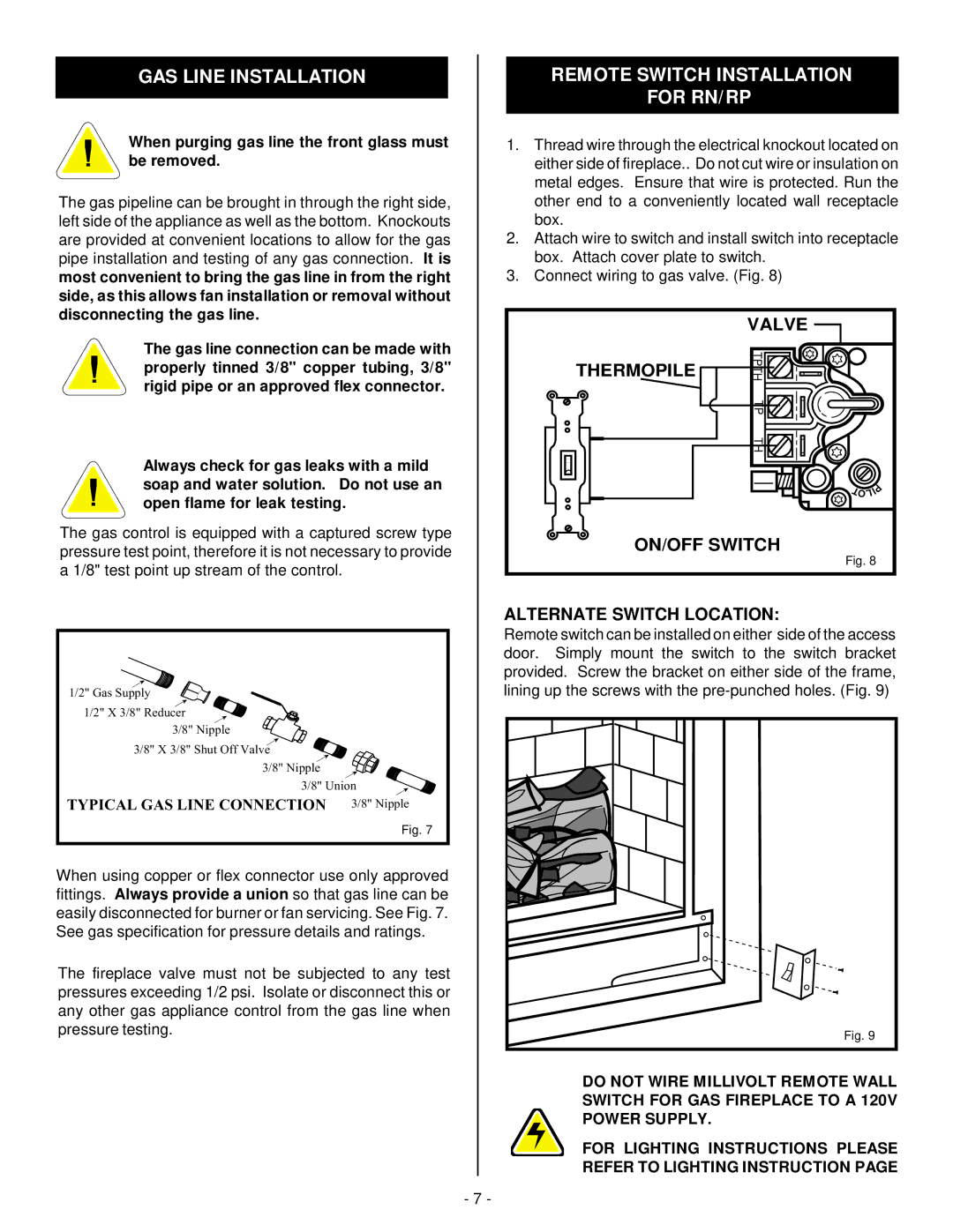 Vermont Casting DBR33, DBR39, DBR36 installation instructions GAS Line Installation, Remote Switch Installation For RN/RP 