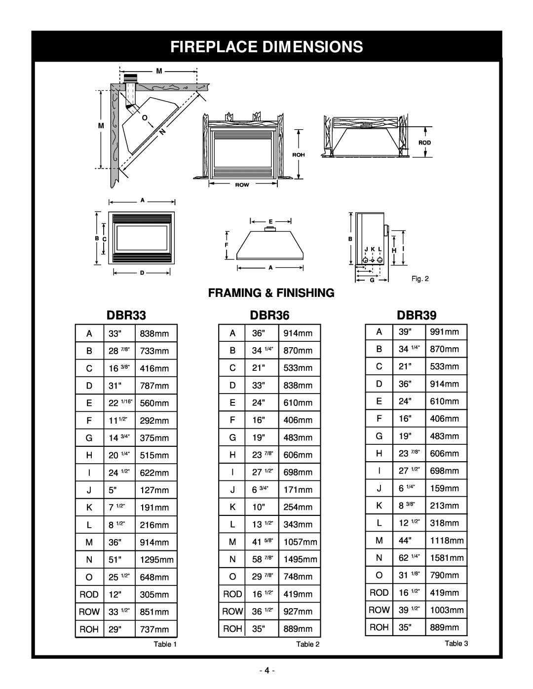 Vermont Casting DBR33 installation instructions Fireplace Dimensions, DBR36, DBR39, Framing & Finishing 