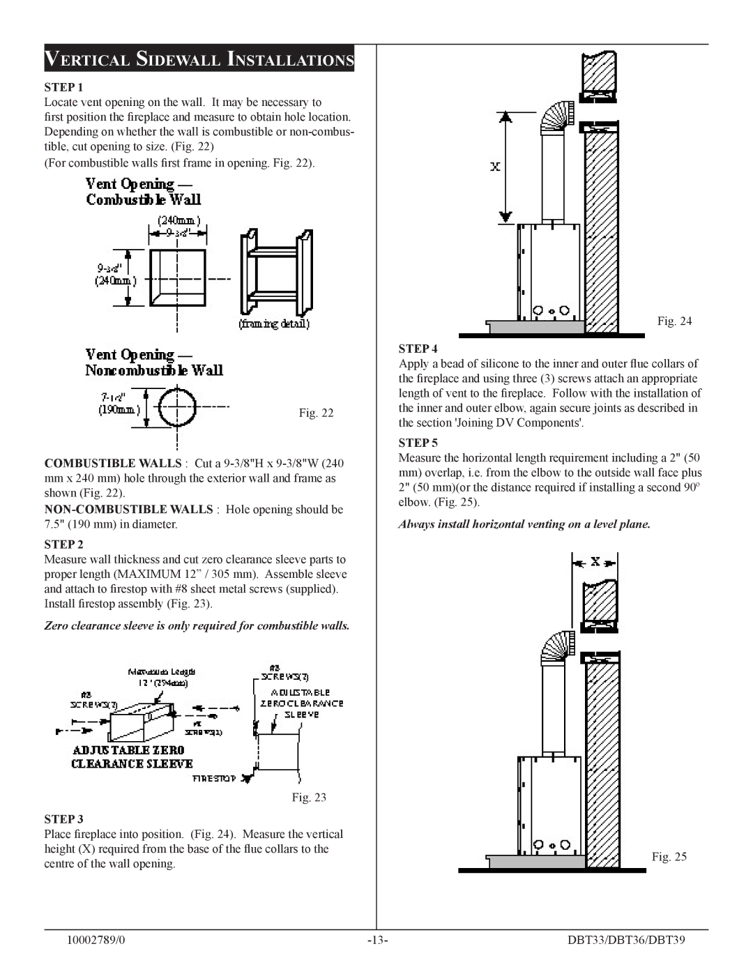 Vermont Casting DBT39, DBT36, DBT33 installation instructions Vertical Sidewall Installations, Install restop assembly Fig 