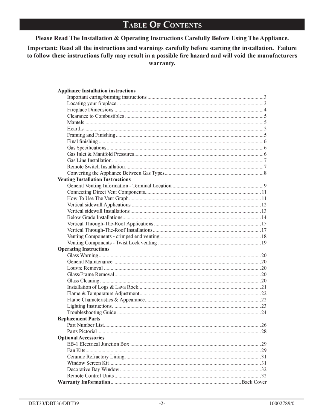 Vermont Casting DBT33, DBT36, DBT39 installation instructions Table of Contents 