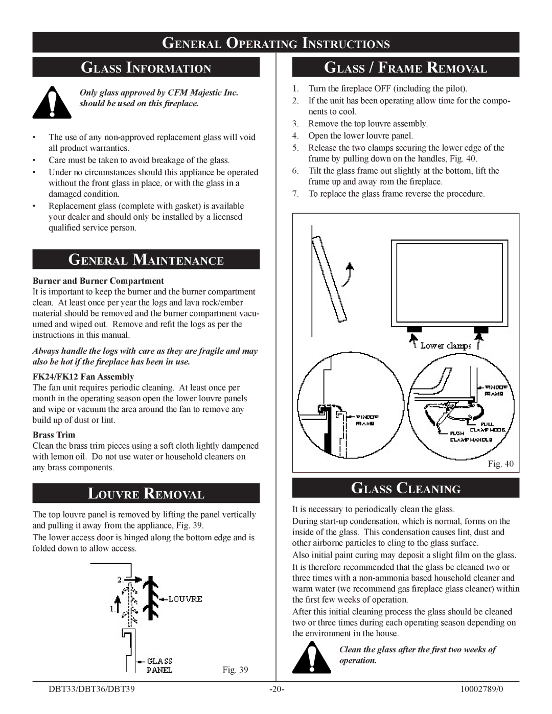 Vermont Casting DBT33, DBT36, DBT39 General Operating Instructions Glass Information, General Maintenance, Louvre Removal 