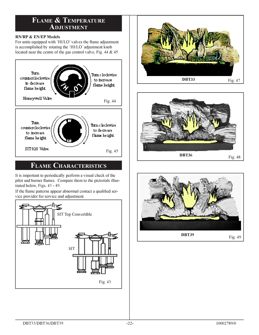 Vermont Casting DBT39, DBT36, DBT33 Flame & Temperature Adjustment, Flame Characteristics, RN/RP & EN/EP Models 