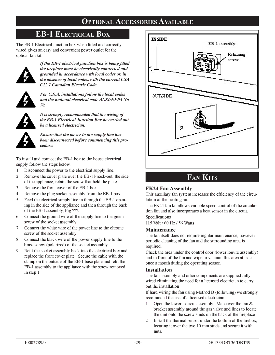 Vermont Casting DBT33, DBT36 Optional Accessories Available EB-1 Electrical BOX, FAN Kits, FK24 Fan Assembly, Maintenance 