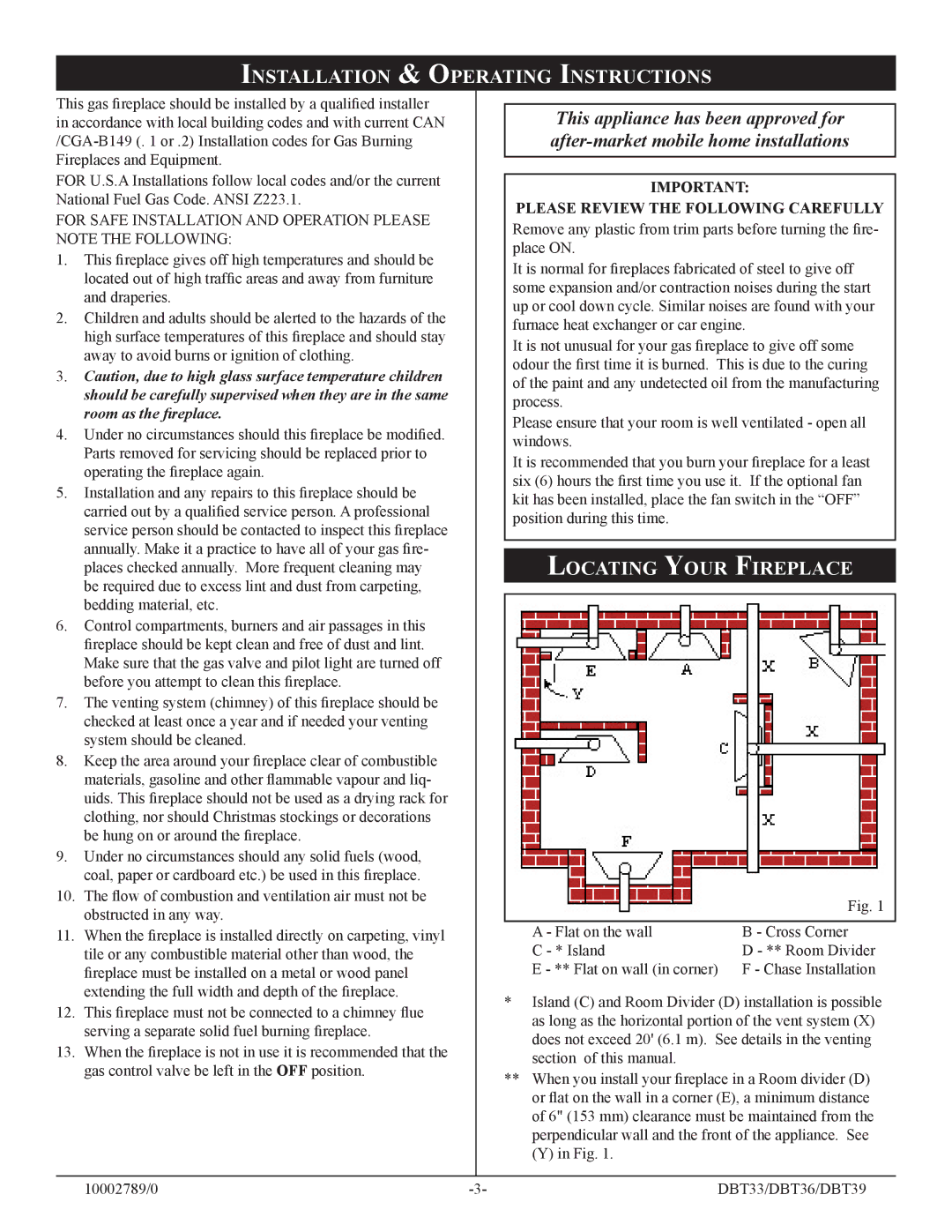 Vermont Casting DBT36, DBT39, DBT33 installation instructions Installation & O Perating Instructions, Locating Your Fireplace 