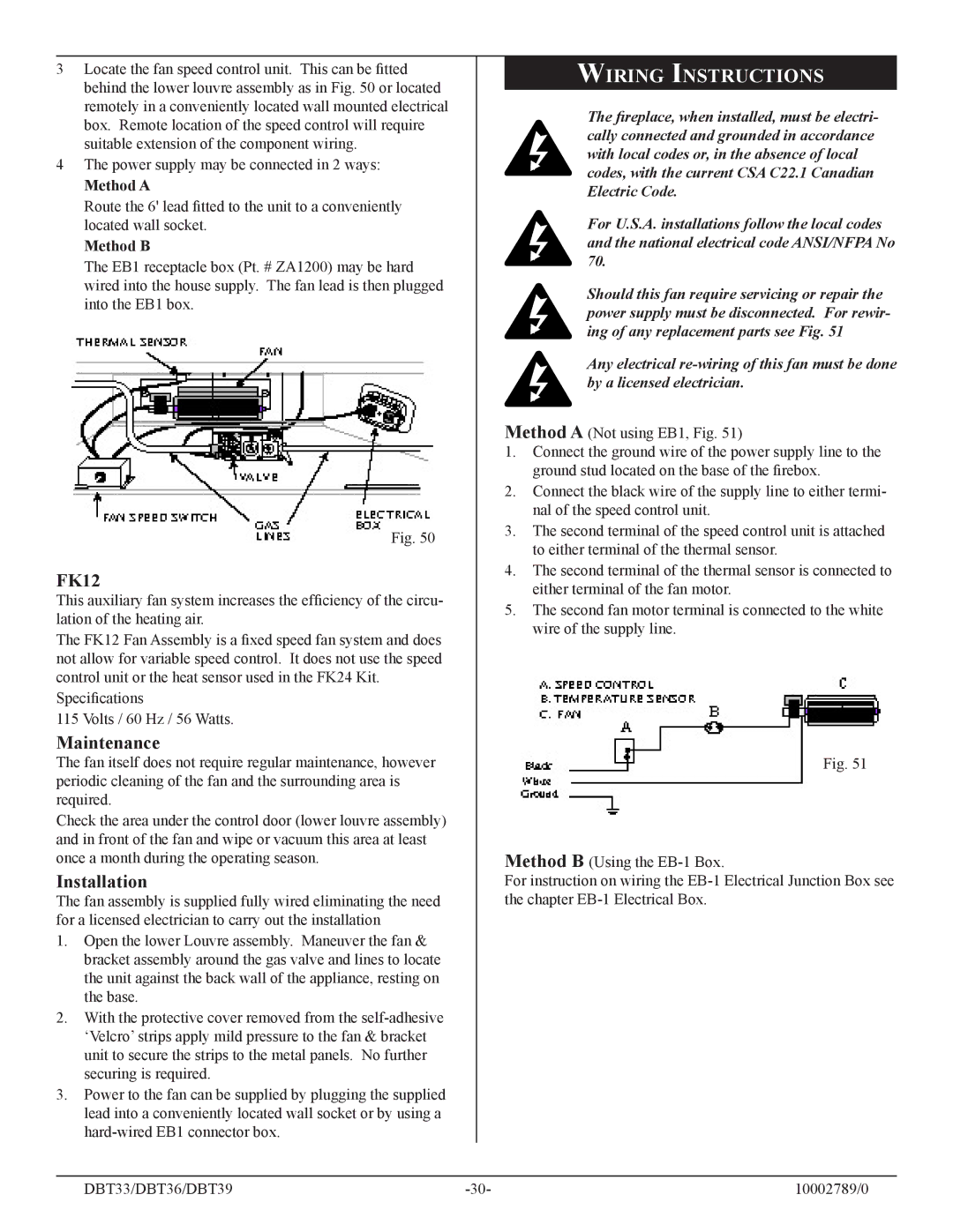 Vermont Casting DBT36, DBT39, DBT33 installation instructions Wiring Instructions, FK12, Method a, Method B 