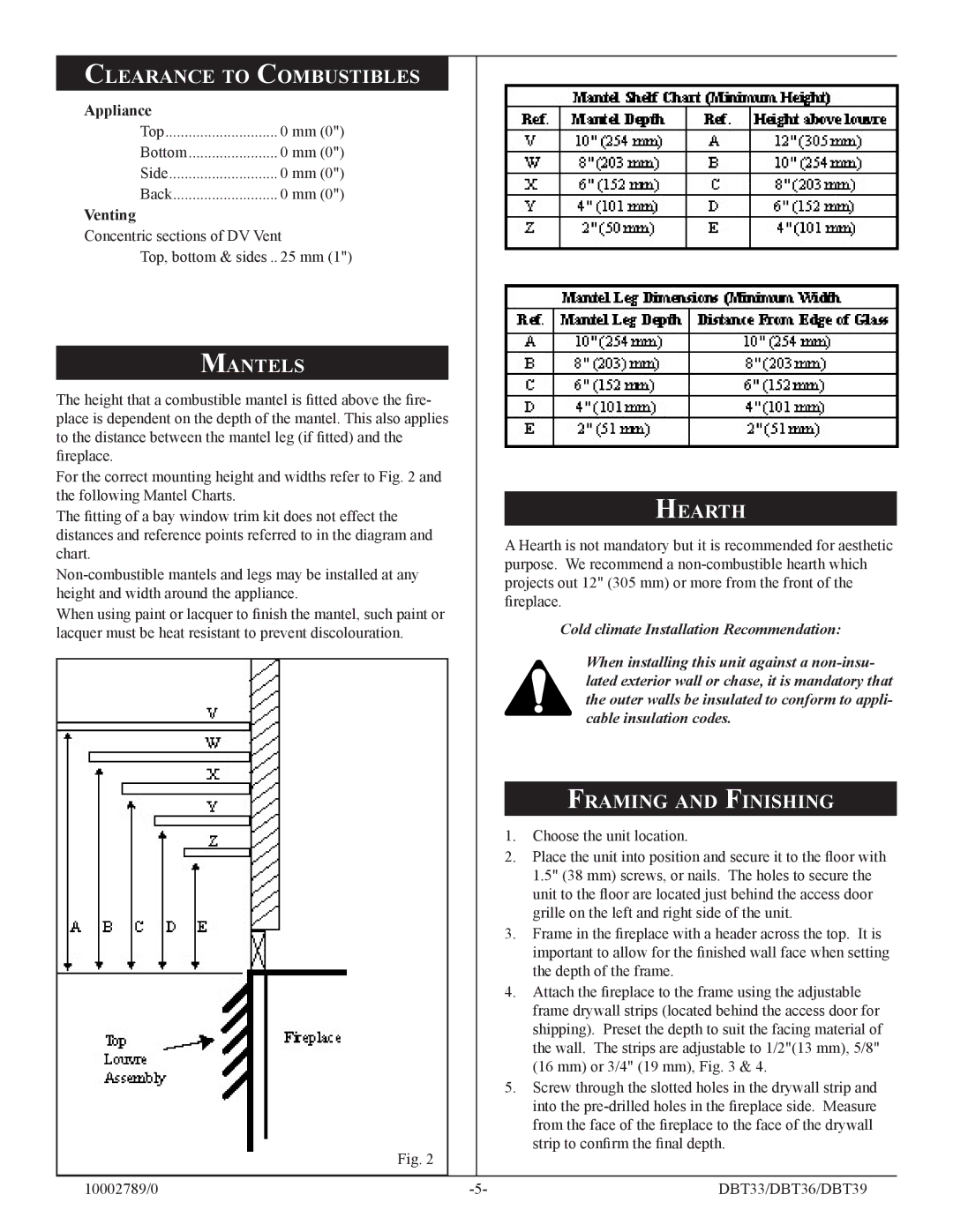 Vermont Casting DBT33, DBT36, DBT39 Clearance to Combustibles, Mantels, Hearth, Framing and Finishing 