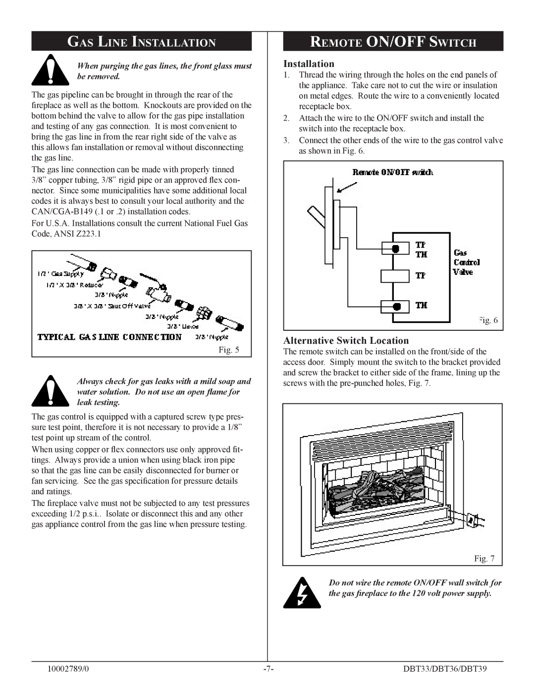 Vermont Casting DBT39, DBT36, DBT33 GAS Line Installation, Remote ON/OFF Switch, Alternative Switch Location 