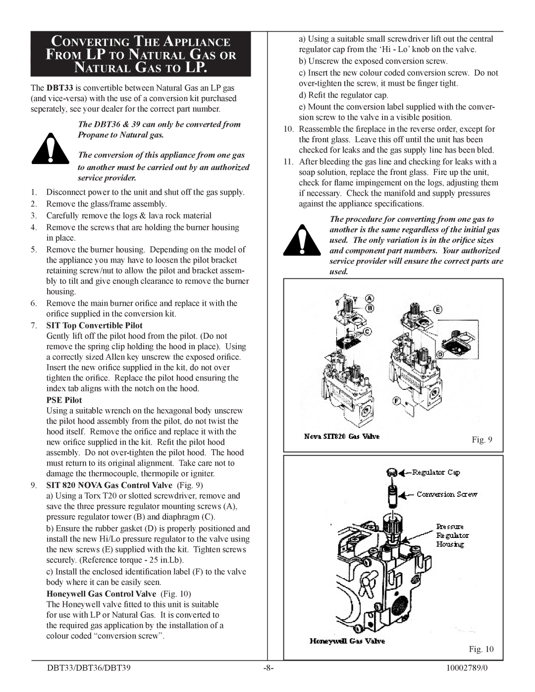 Vermont Casting DBT33, DBT36, DBT39 Converting the Appliance, From LP to Natural GAS or, Natural GAS to LP 